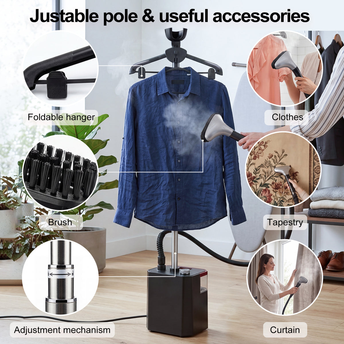 Garment Steamer Standing Clothes Steamer 2200w Wrinkle Remover 3 Levels | Black