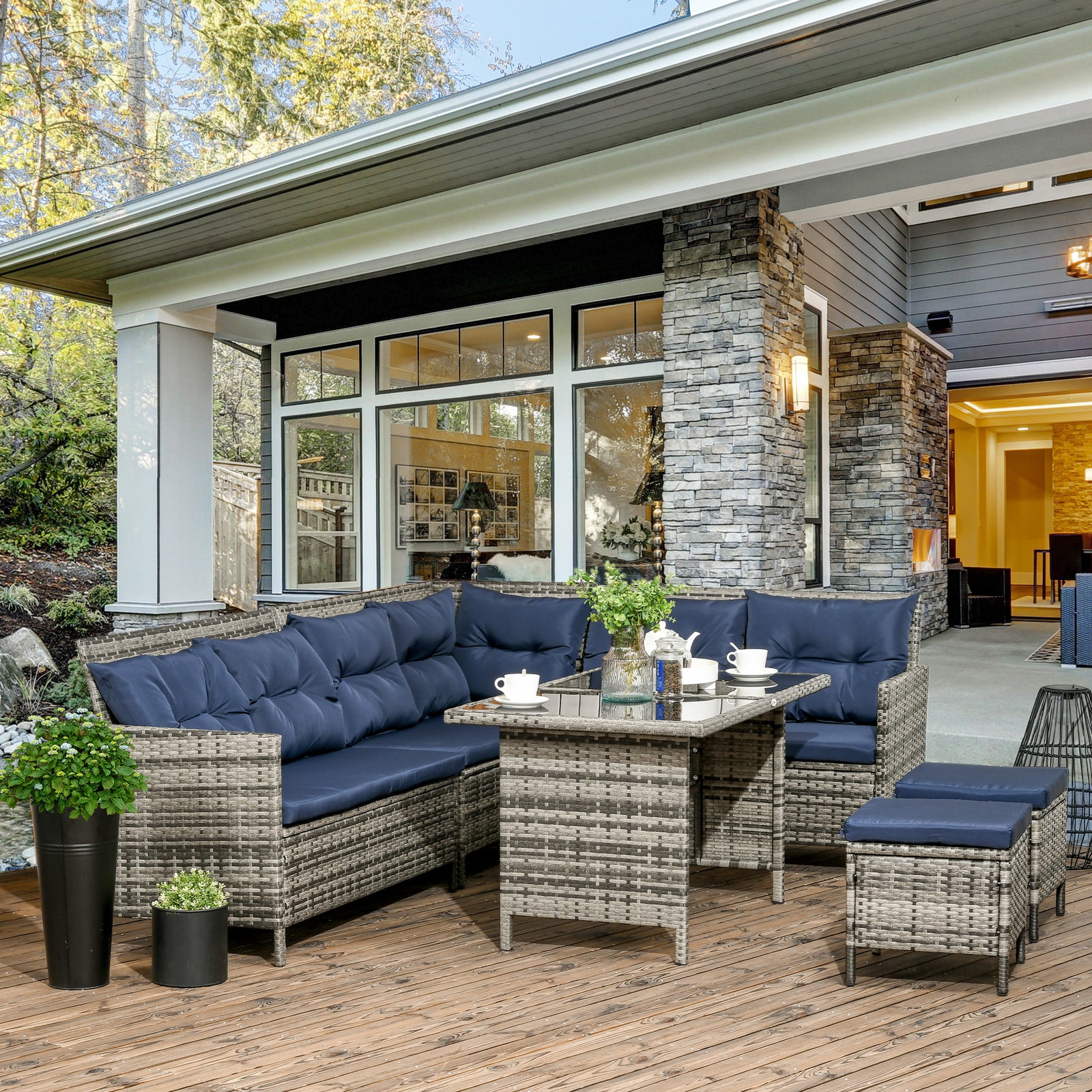 6 Pcs Patio Wicker Dining Set Rattan Chair Stool Table Set | Dark Blue