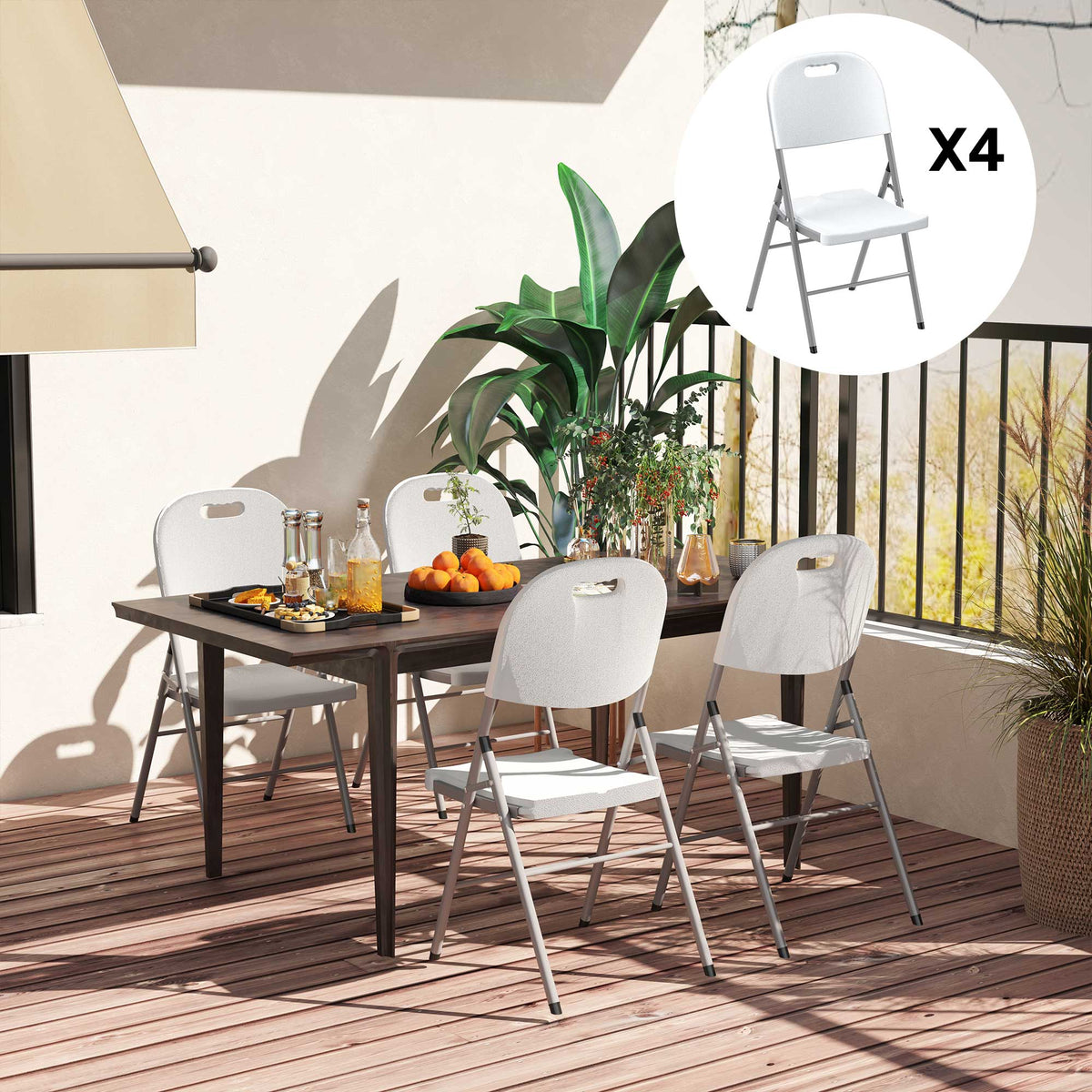 Folding Chair With Steel Frame, Garden Chair Set | Set of 4 | White