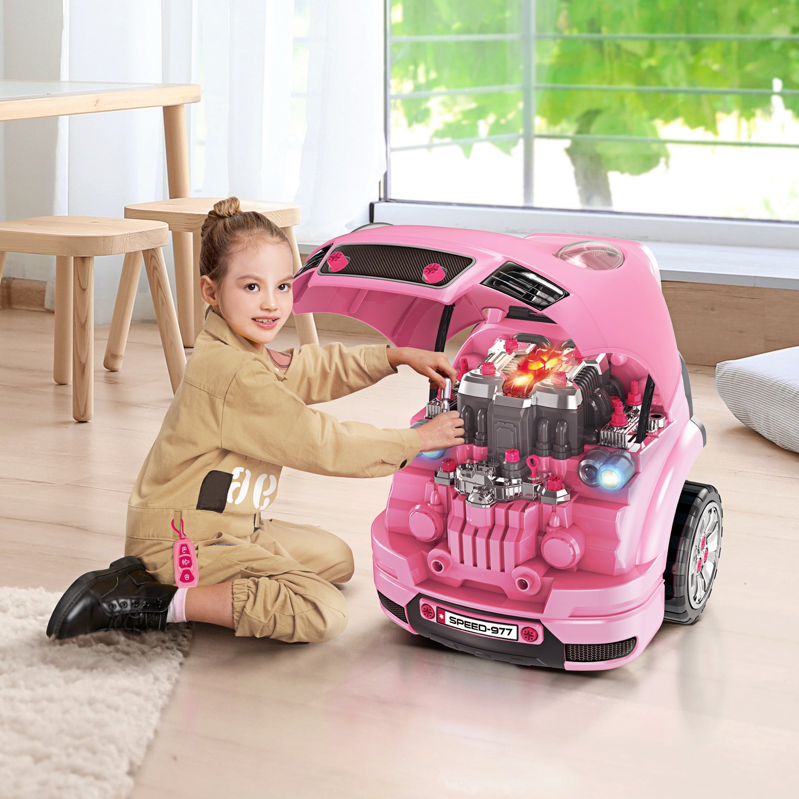 Kids Truck Engine Toy Set W/ Horn, Light, Car Key, For Ages 3-5 Years | Pink