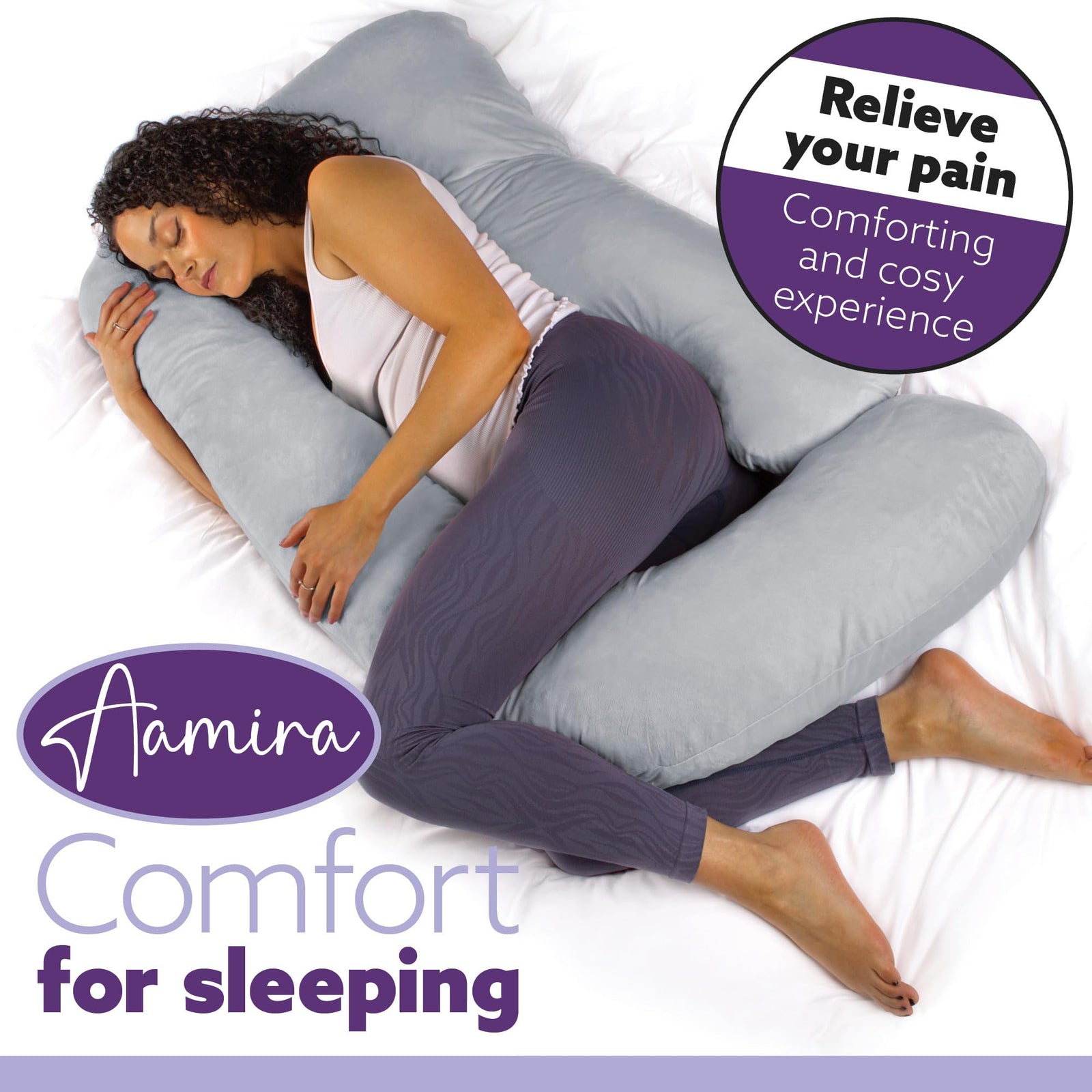 J Shaped Pregnancy Pillow, 140x70x20cm Shredded Memory Foam Full Body Maternity Cushion For Sleeping | J Shape | Light Grey