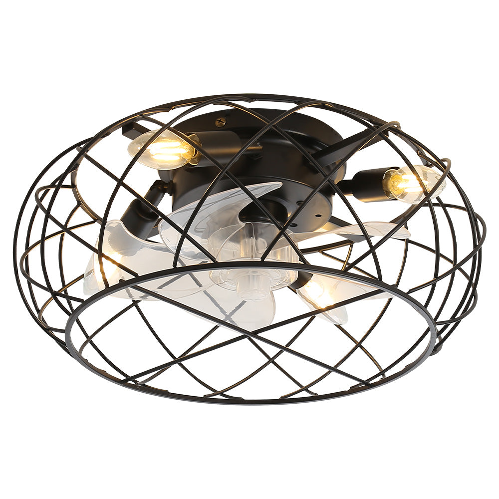 17 Inch Black Flush Mount Cage Ceiling Fan Light With Remote Control Compact Industrial Fan