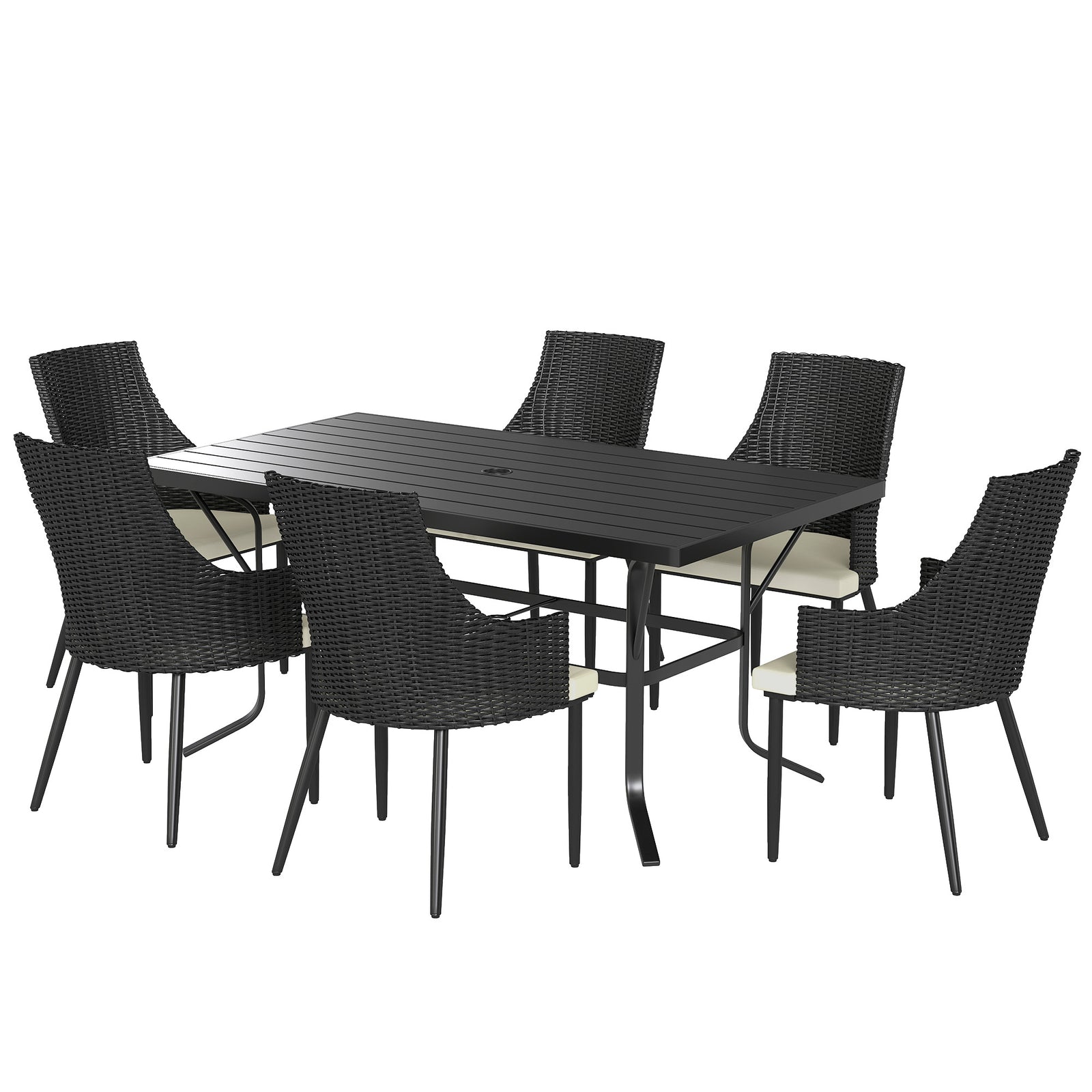 6 Seater Rattan Dining Set, Rectangle Slatted Table | Cream