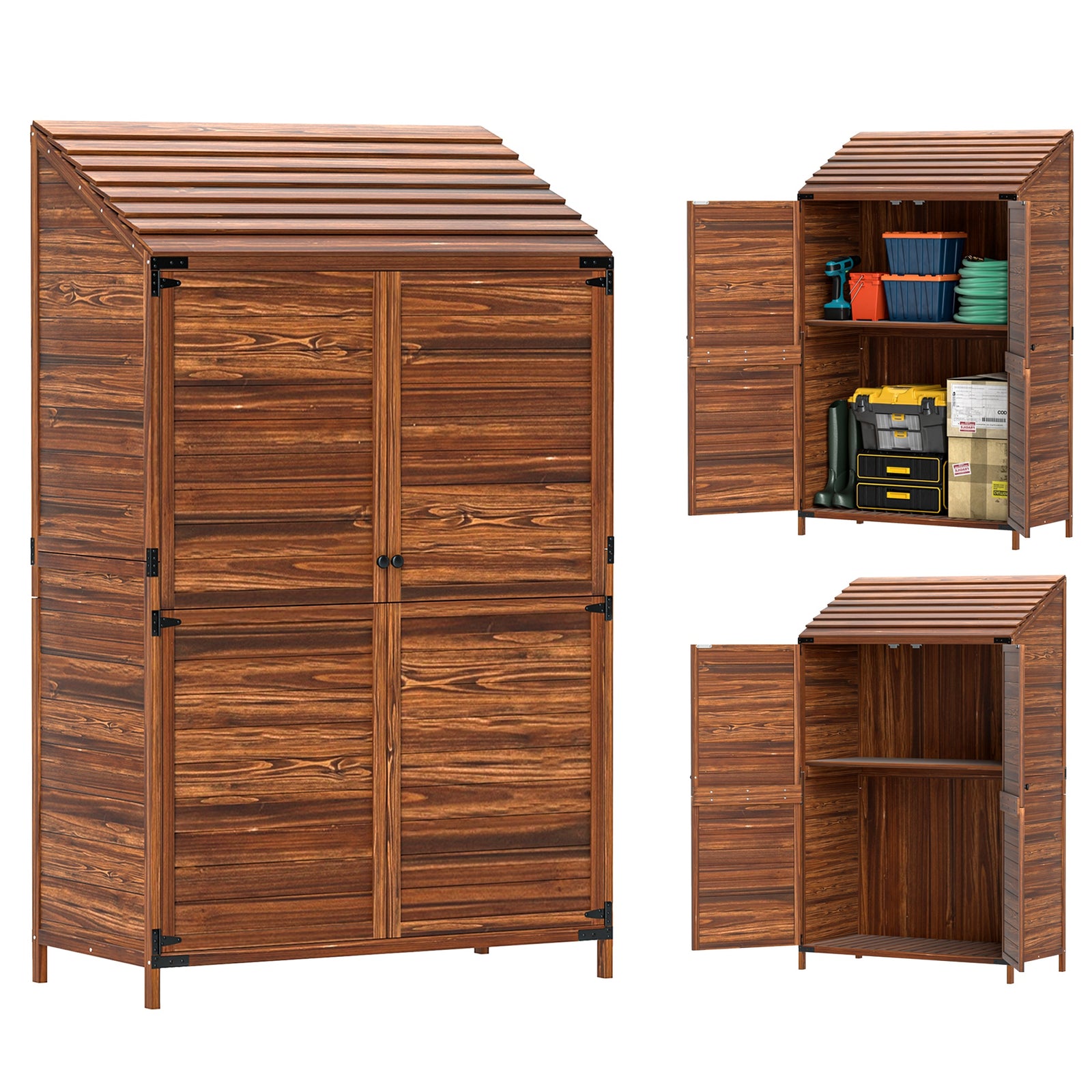 Wooden Garden Storage Shed W/double Doors And Shelves | Brown