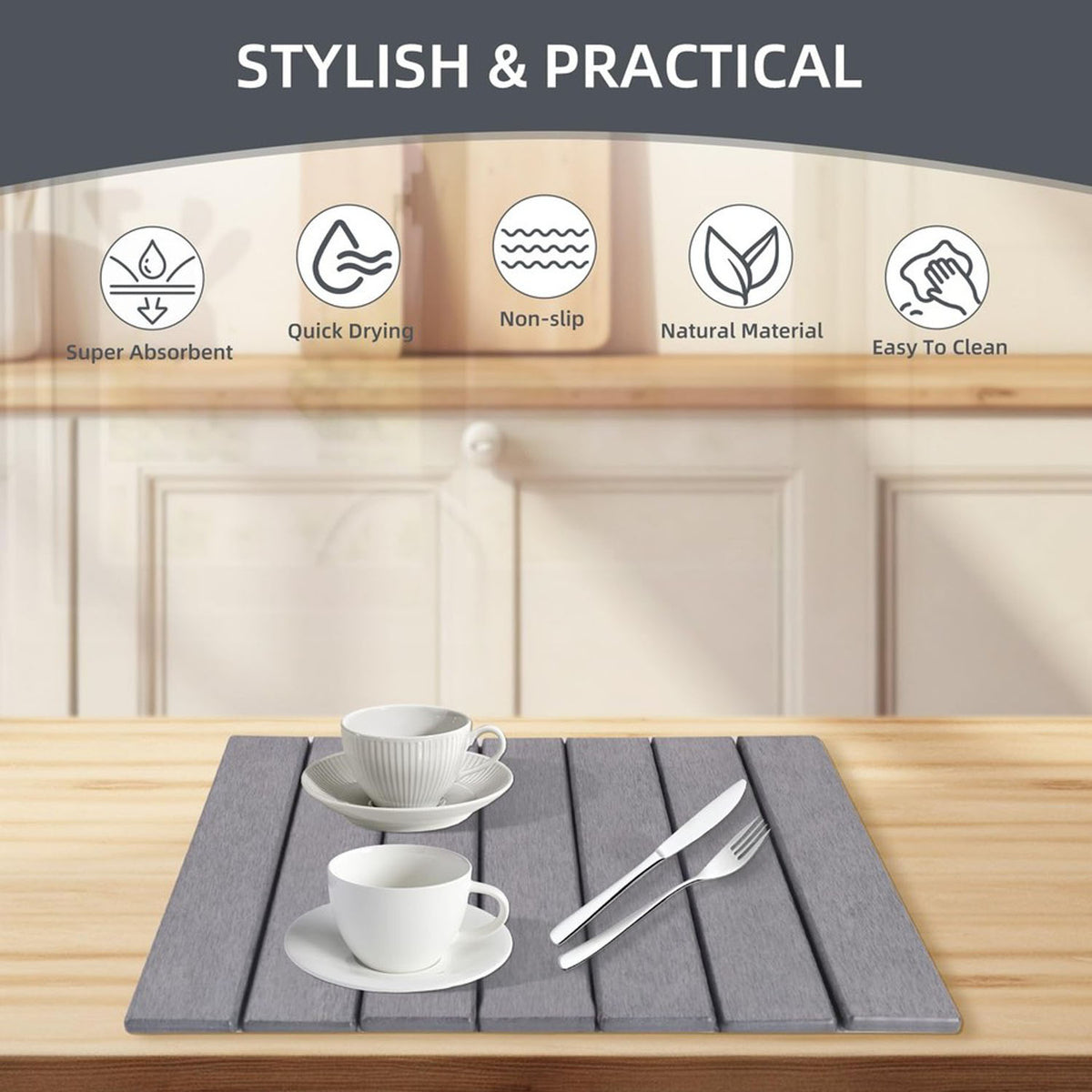 Stone Dish Drying Mat 60cm – Foldable Non-slip Diatomite Kitchen Drainer 40x30cm | Grey