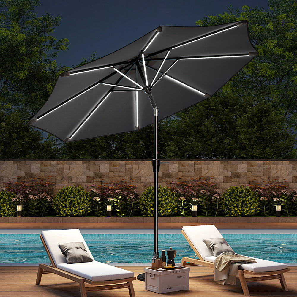 Large Solar Powered Led Patio Umbrella For Outdoor Garden Patio | One Size | Black