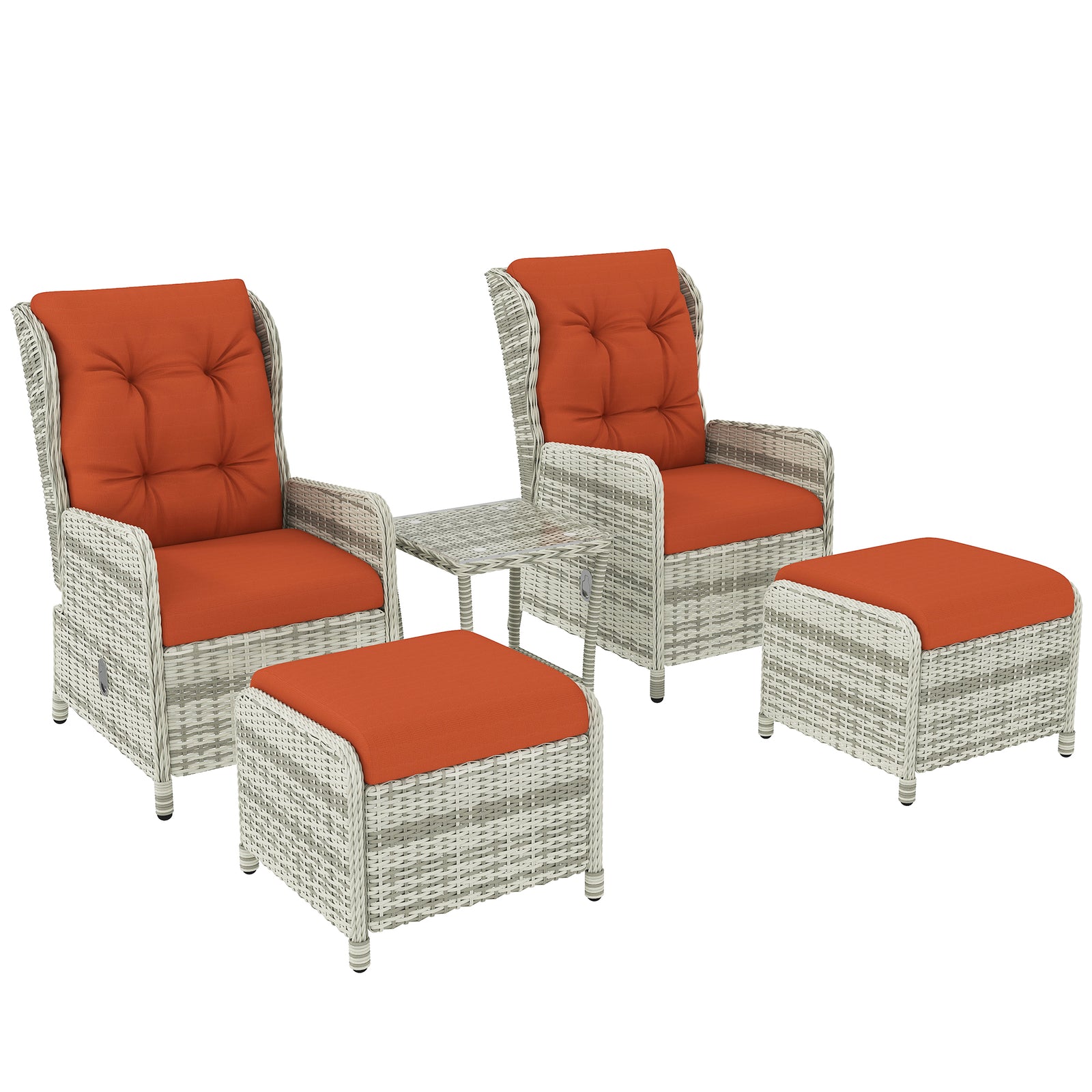 Recliner Rattan Garden Furniture W/ Two-tier Glass Top Table | Orange