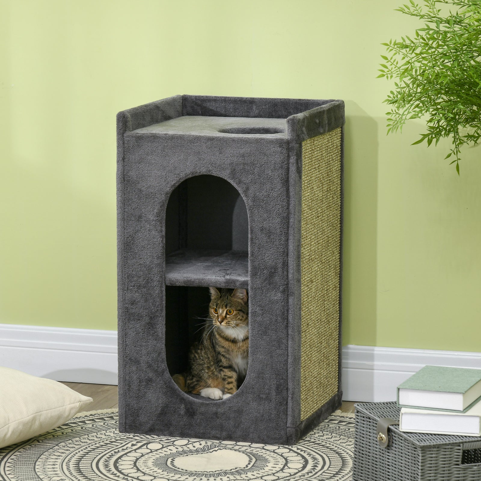 81cm Cat Scratching Barrel With Two Cat Houses For Indoor Cats - Grey
