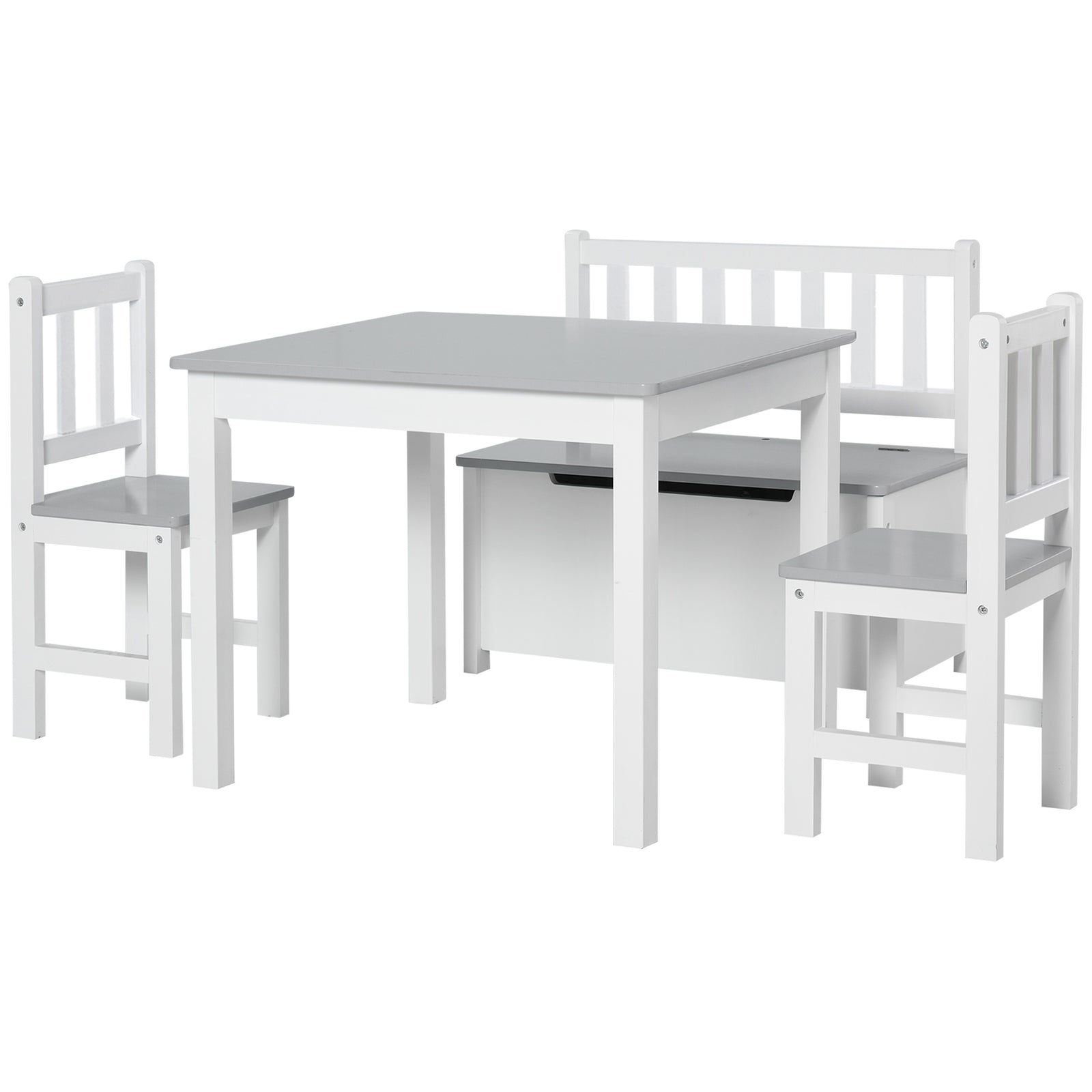 4-piece Set Kids Wood Table Chair Bench W/ Storage Function For 3 Years+ | Grey
