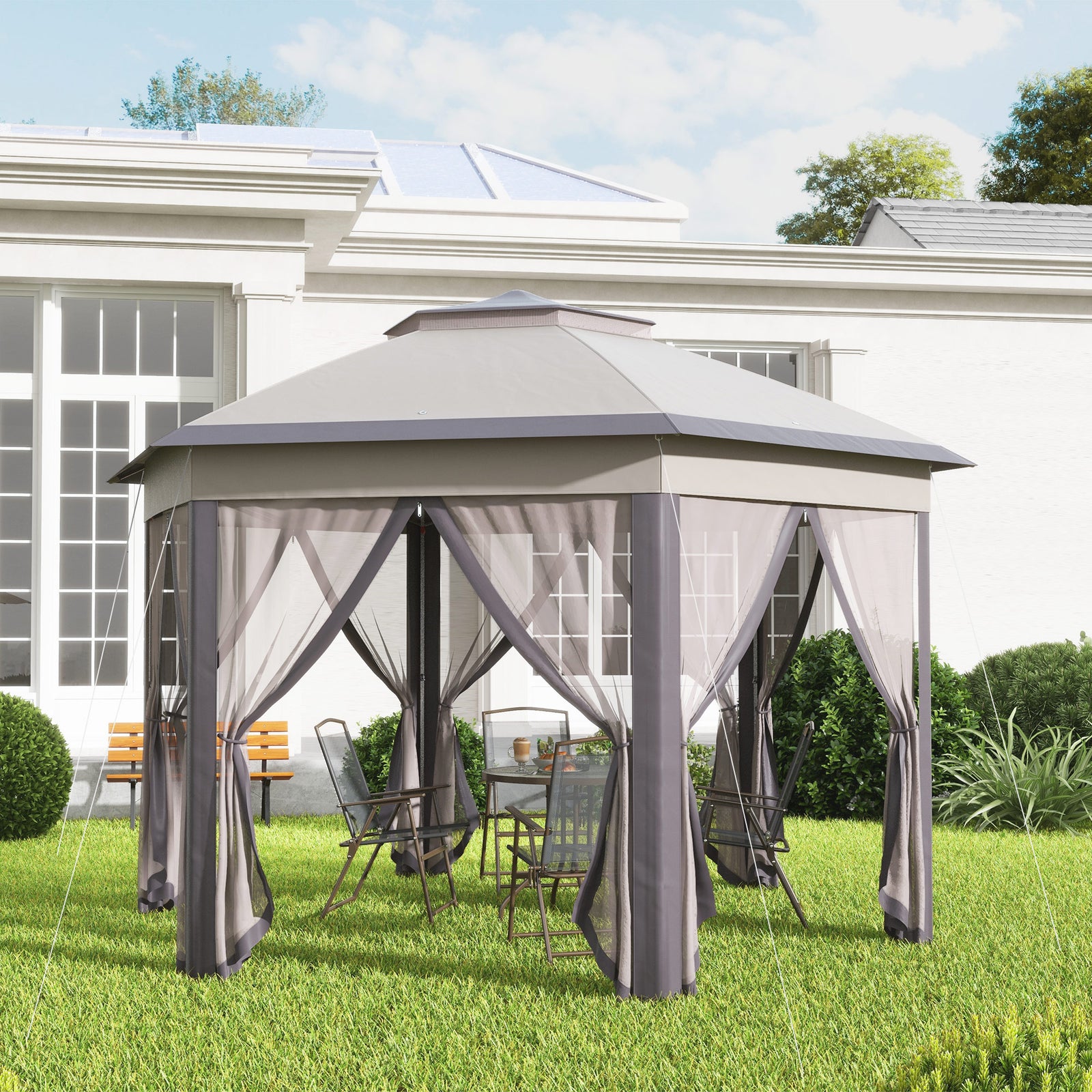 4x4m Hexagon Gazebo With Metal Frame Mesh Curtains Garden | Beige