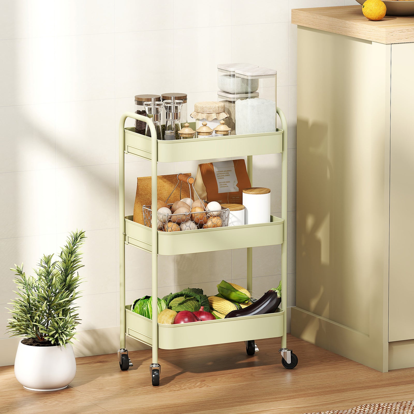 3 Tier Rolling Utility Cart With 3 Mesh Basket | One Size | Green