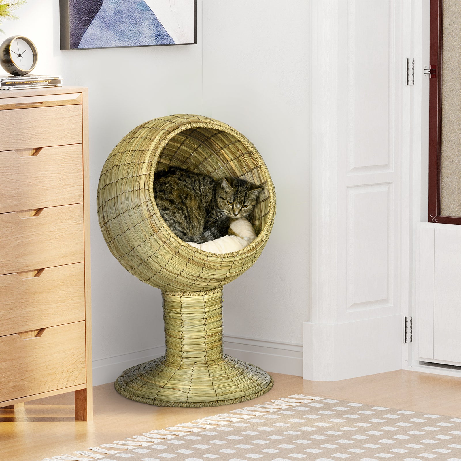 Raised Cat House, Natural Mat Grass Cat Bed W/ Stand Cushion, Φ41x 69 Cm
