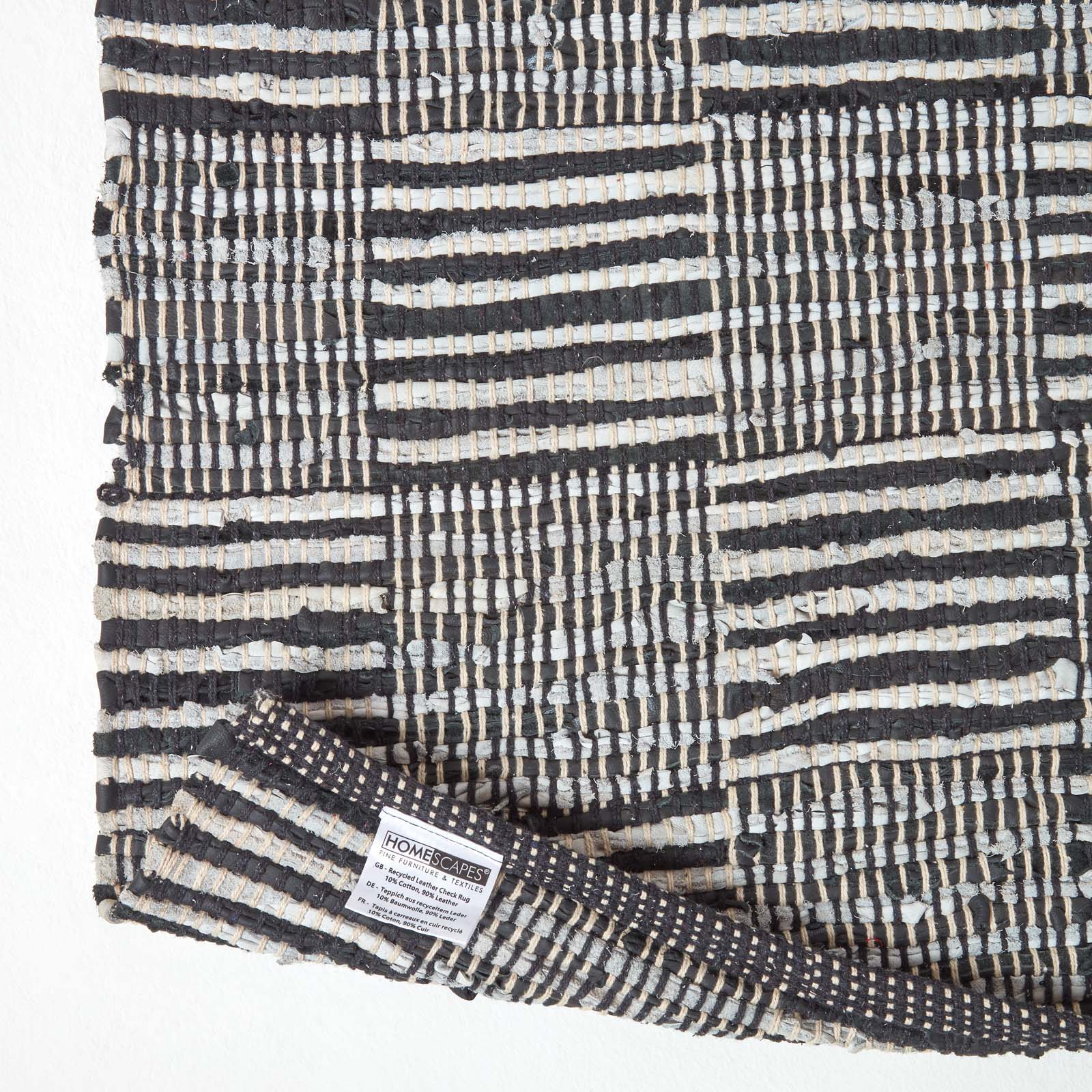 Black & White Real Leather Handwoven Striped Block Check Rug | 150cm x 240cm | Black & White