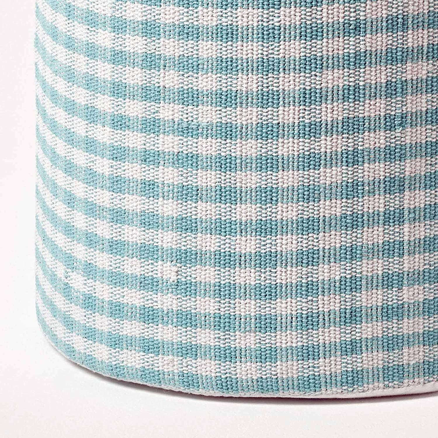 HOMESCAPES Blue Gingham Check Round Pouffe Cotton 40 X 42 Cm