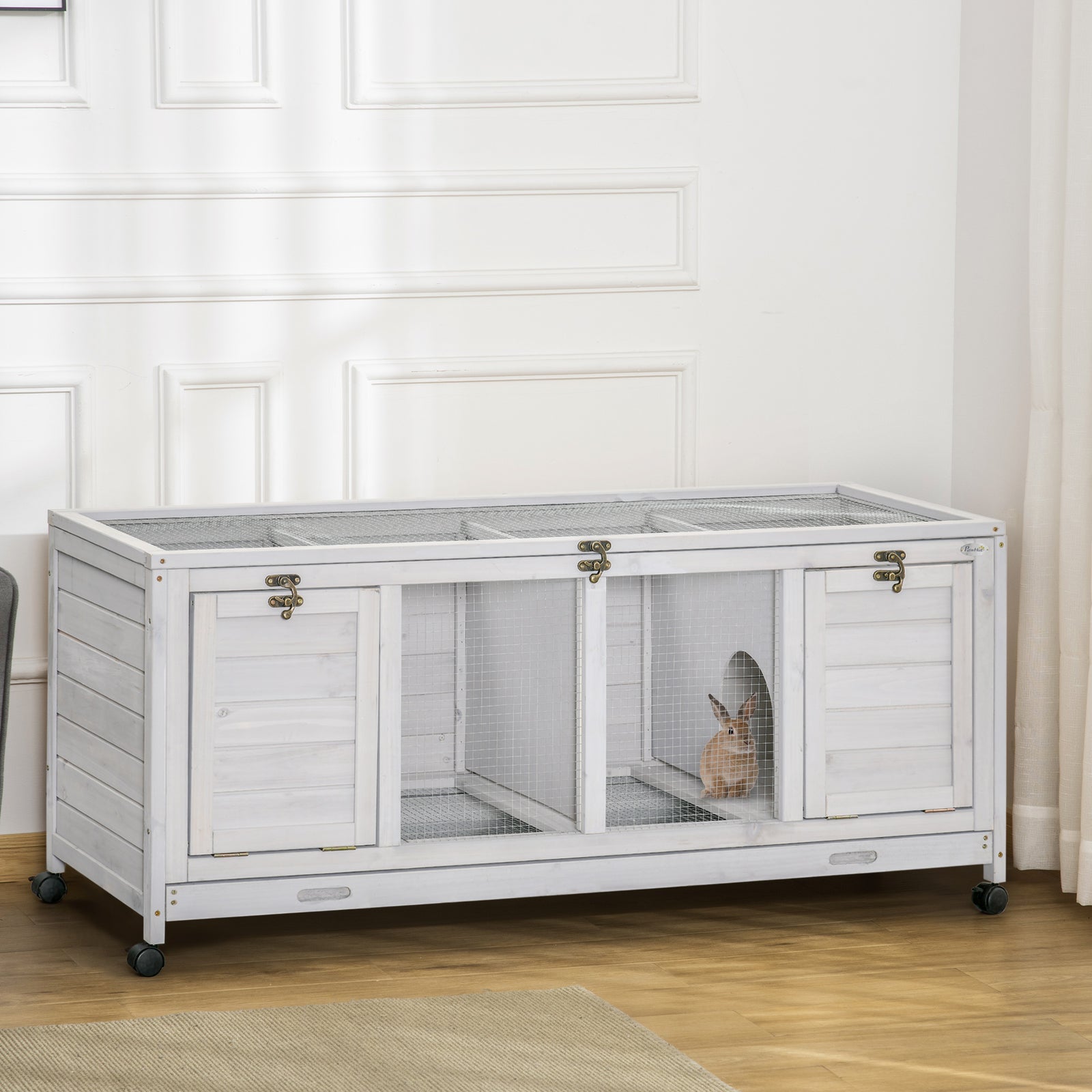 Rabbit Hutch Mobile Separable Guinea Pig Cage W/ Wheels, Slide-out Tray