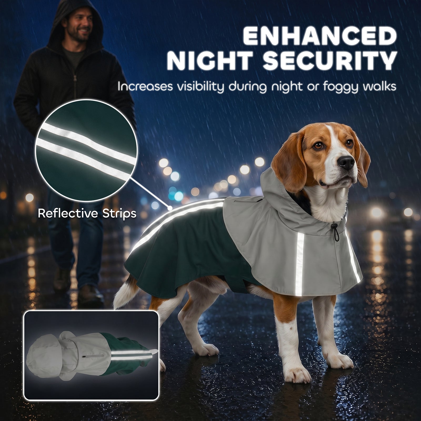 Dog Raincoat With Hood, Dog Rain Jacket | M | Green