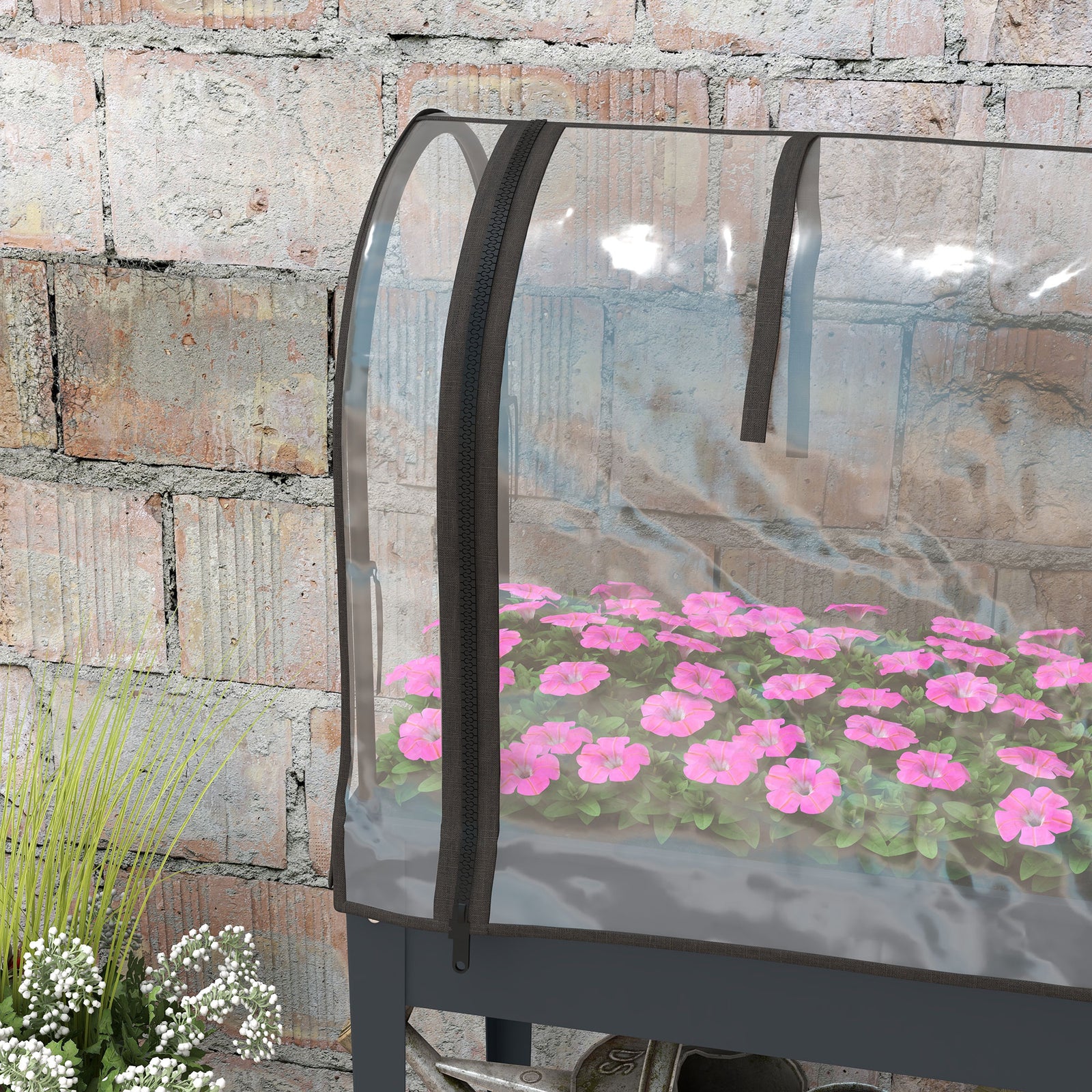 Raised Planter With Greenhouse & Wheels Dark Grey