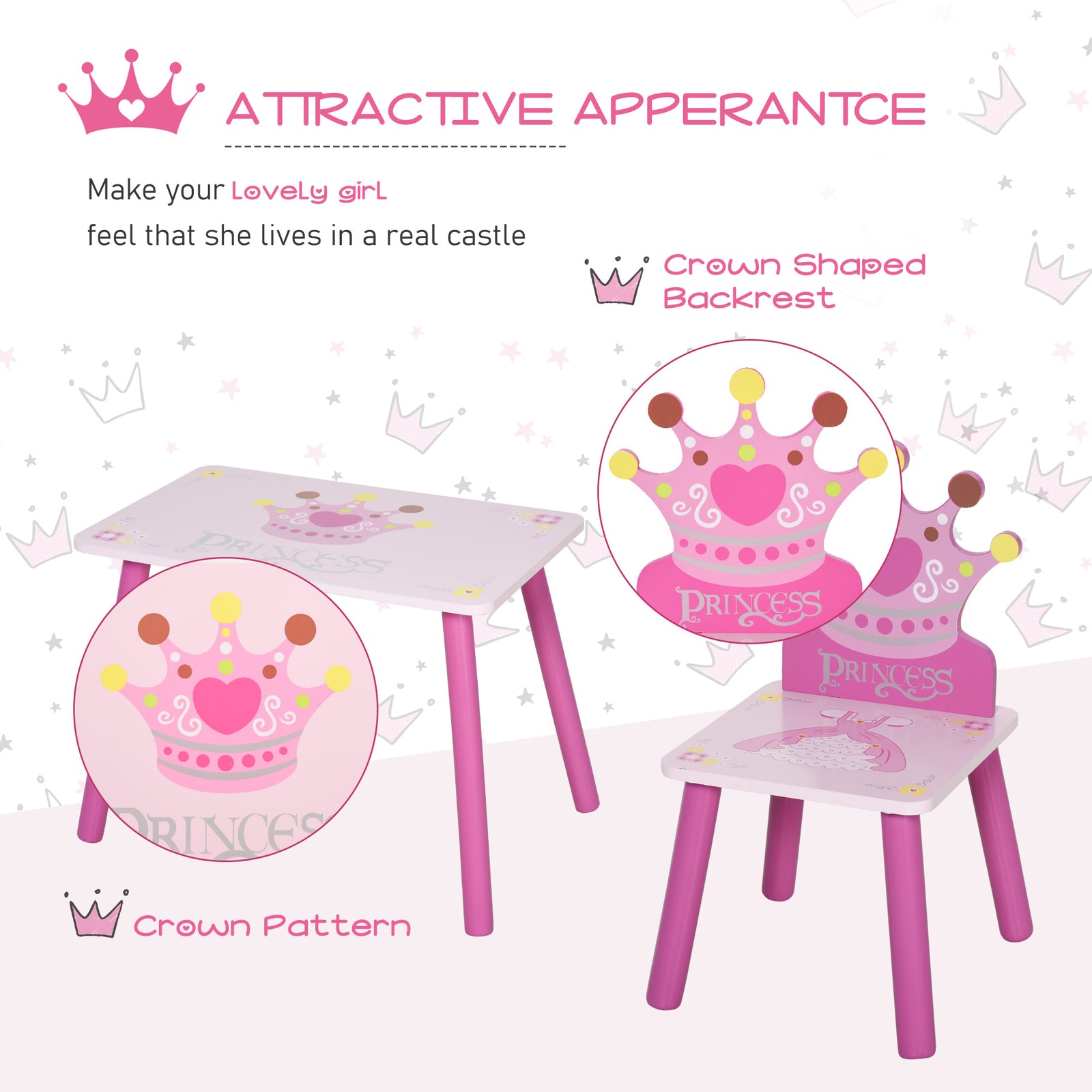3 Pcs Kids Princess & Crown Chair Table Set Home Furniture 2-4 Yrs Pink