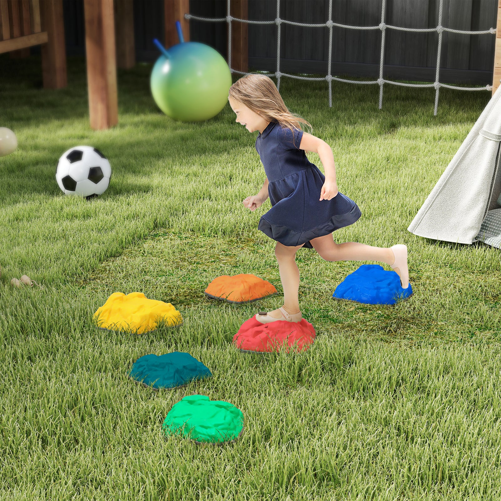Balance Stepping Stones For Kids, River Stones With Non-slip Bottom | Set-of-6 | Blue & Yellow