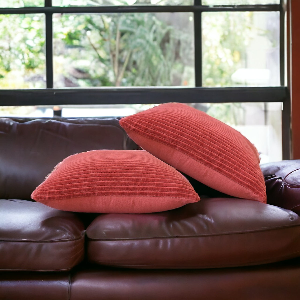 Ribbed Cushion Set, Velvet Fabric | Set of 2 | Red