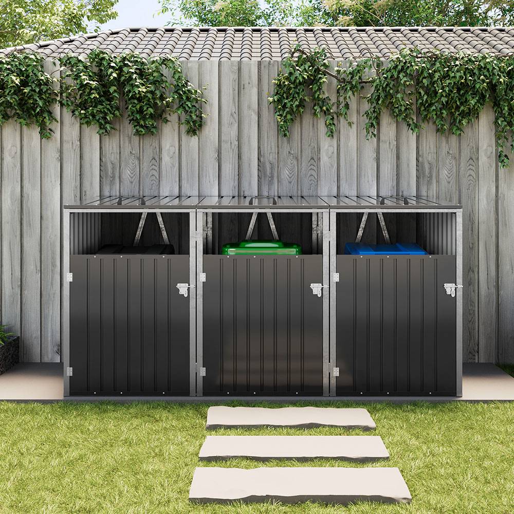 3 Bin Storage Shed – Heavy-duty Galvanized Steel Outdoor Bin Store With Lift-up Lids & Lockable Doors | Anthracite