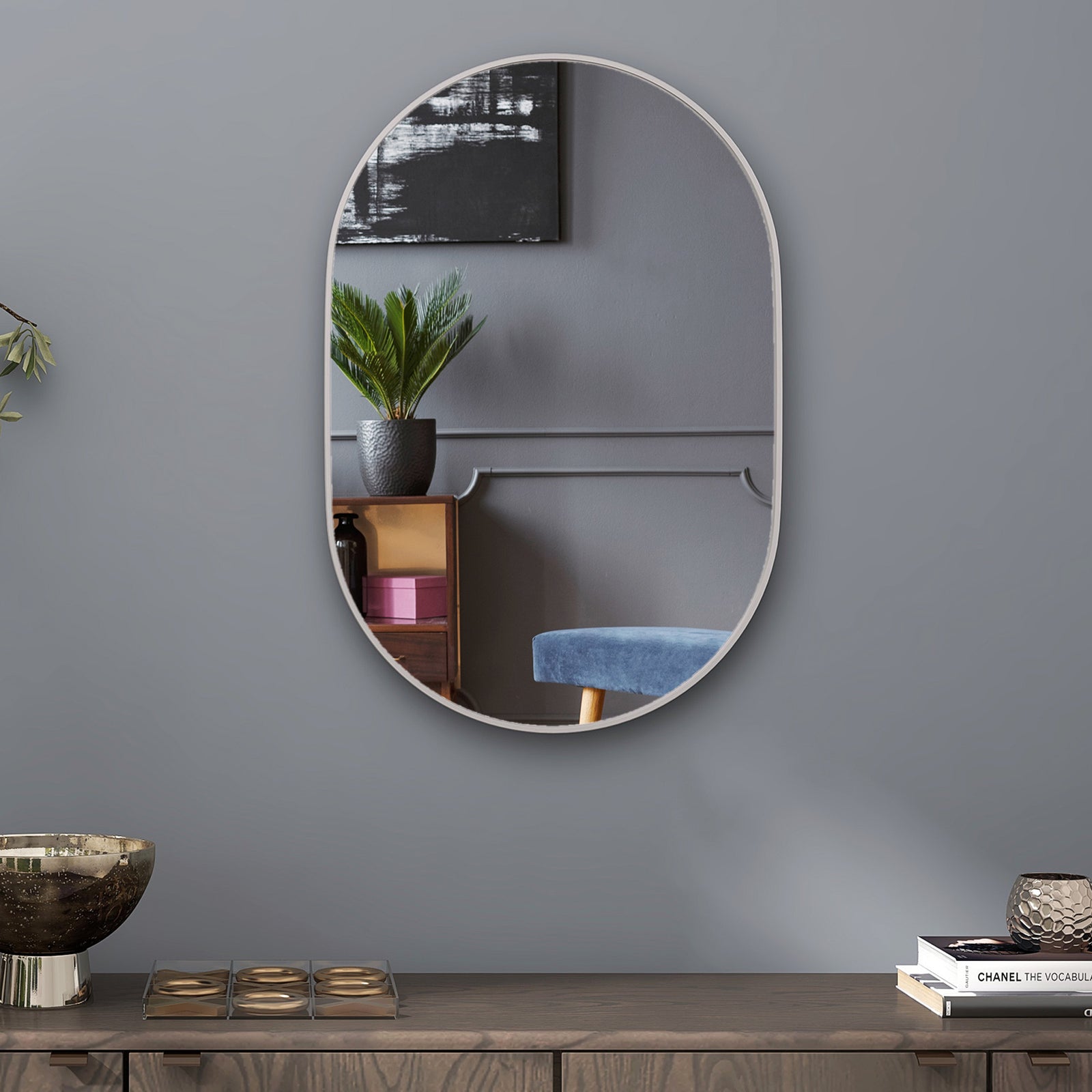 Oval Bathroom Mirror, Modern Wall Mirror Aluminium Frame
