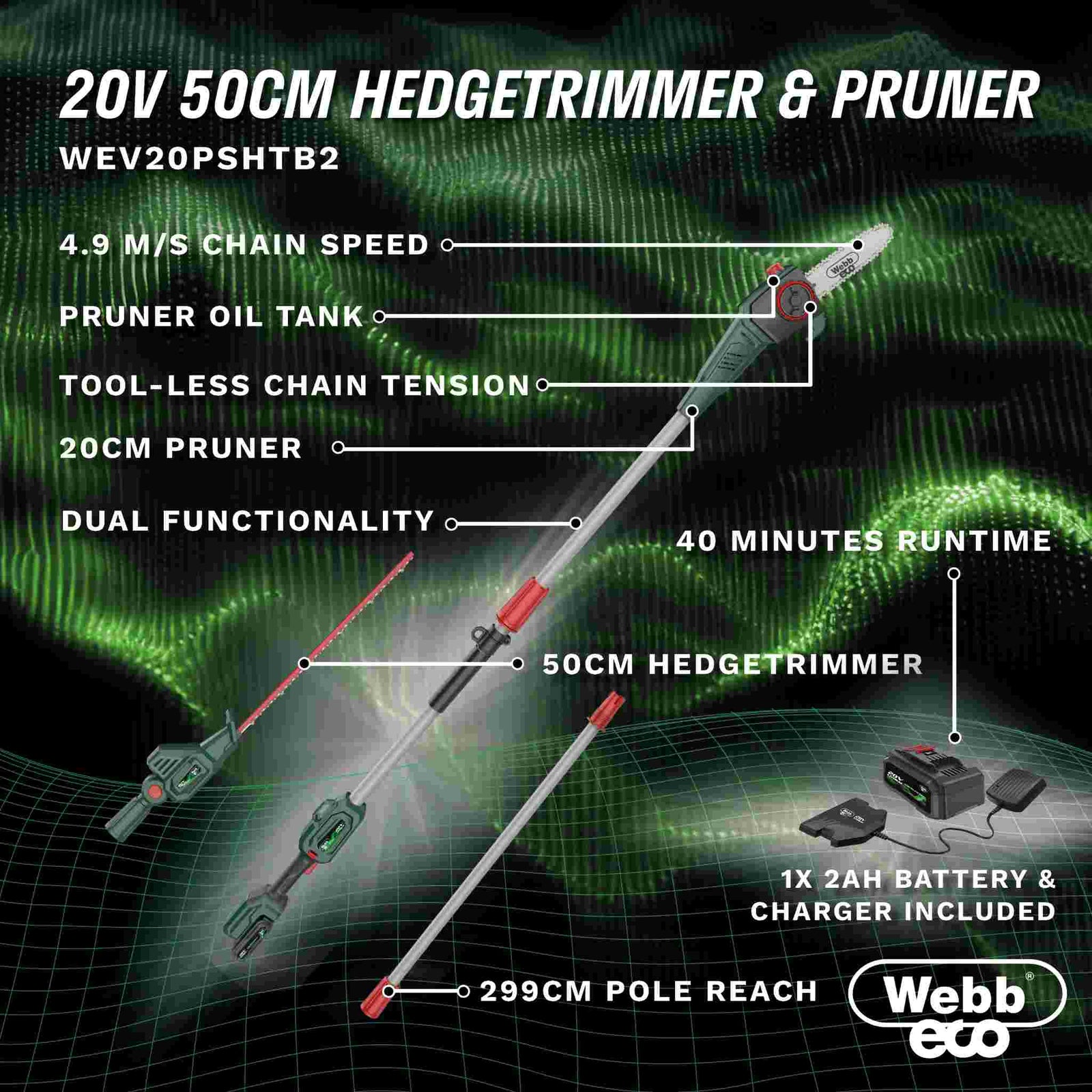 20v 50cm Cordless Long-reach Hedge Trimmer & Pruner With 2ah Battery