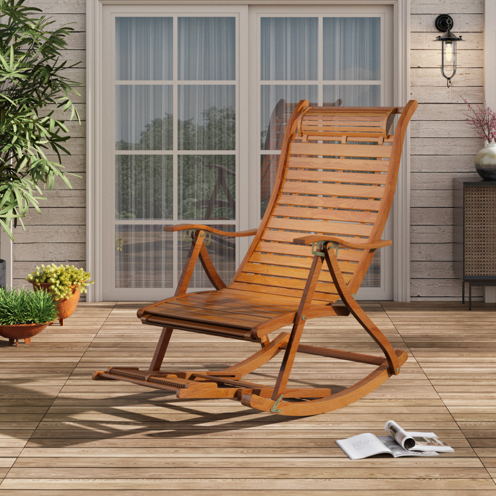 Bamboo Rocking Chair Foldable Recliner | One Size | Dark Brown