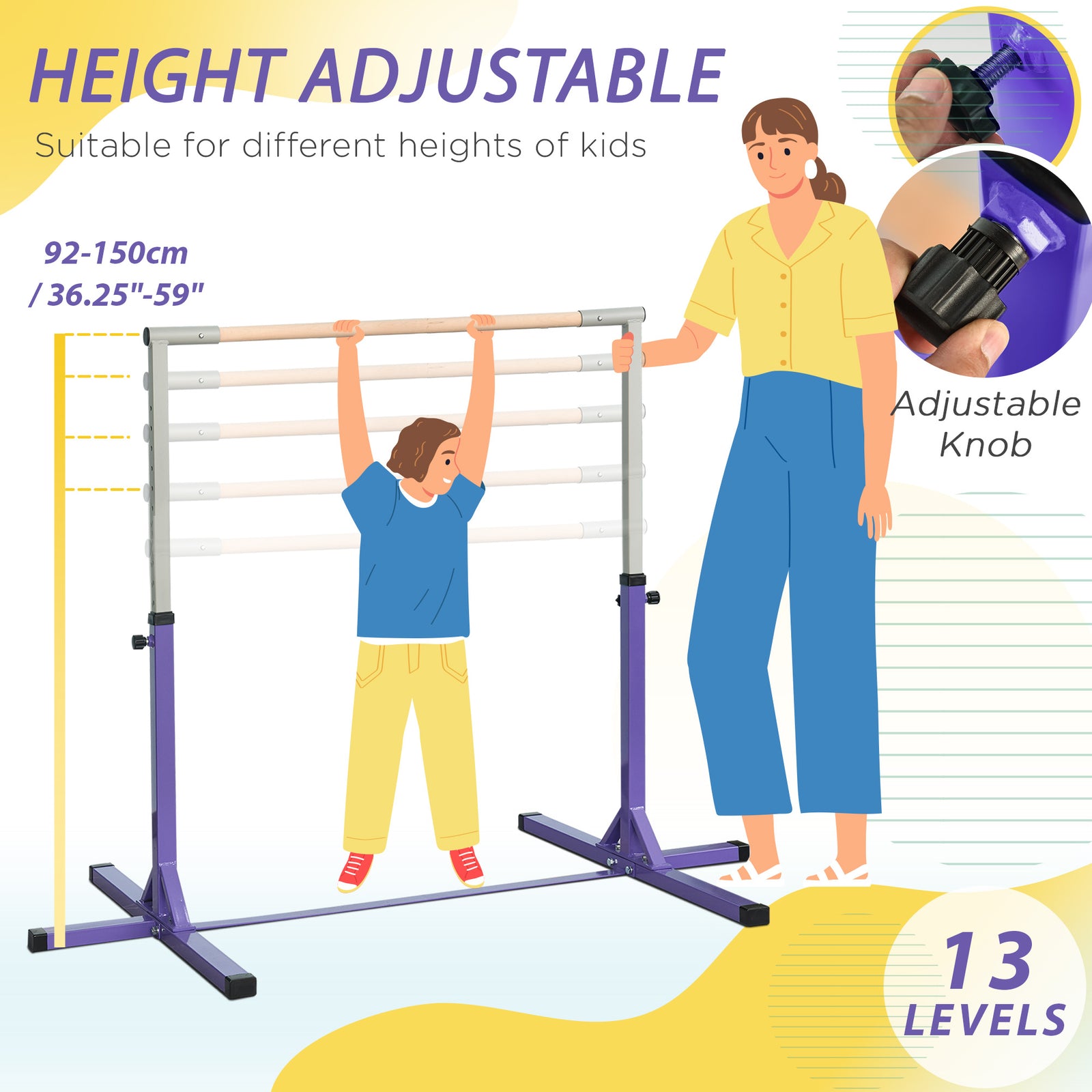Adjustable Kids Gymnastics Bar Horizontal Training Steel Frame Wood | Purple