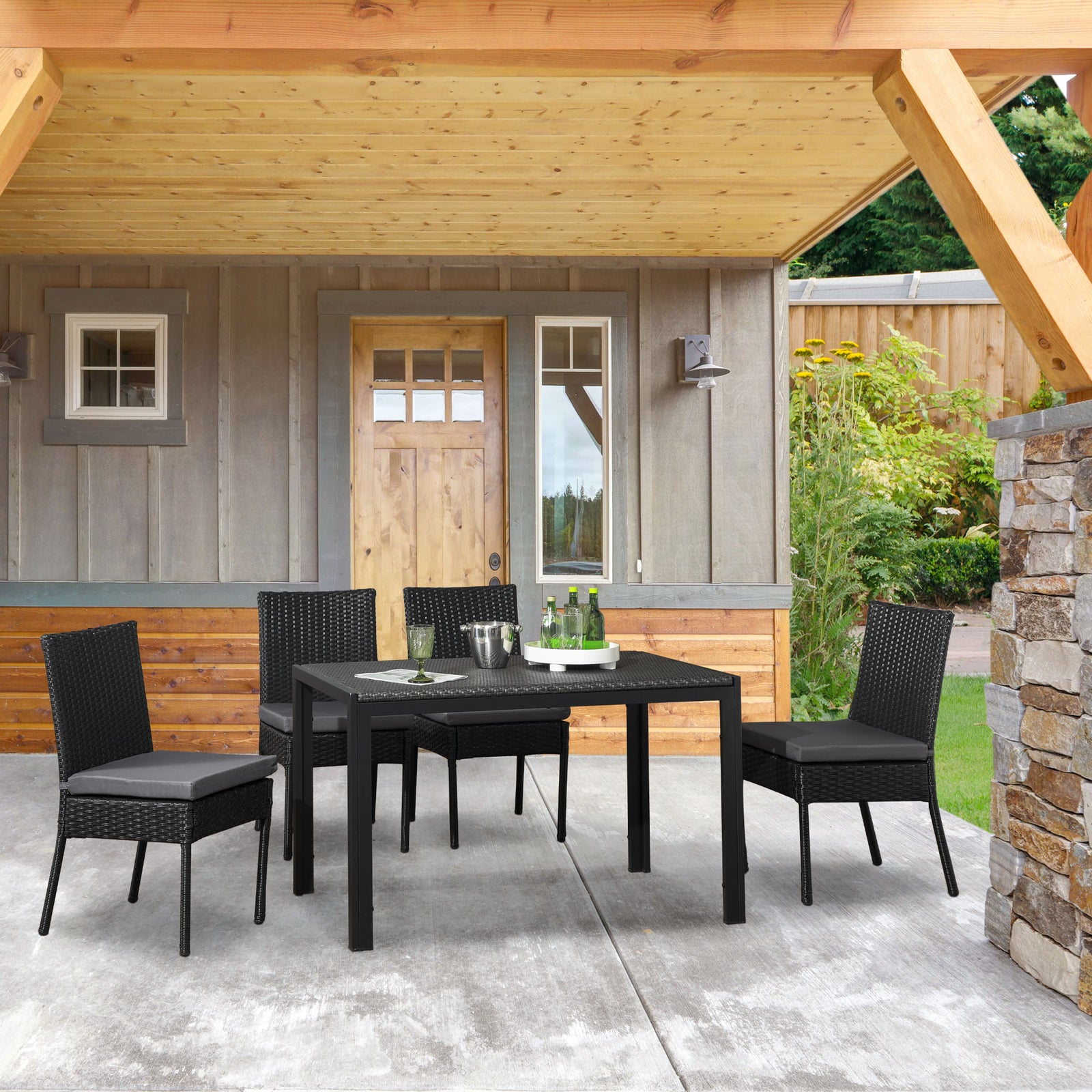 Rattan Garden Chairs W/ Cushion, Wicker Dining Chairs | Set of 4 | Black