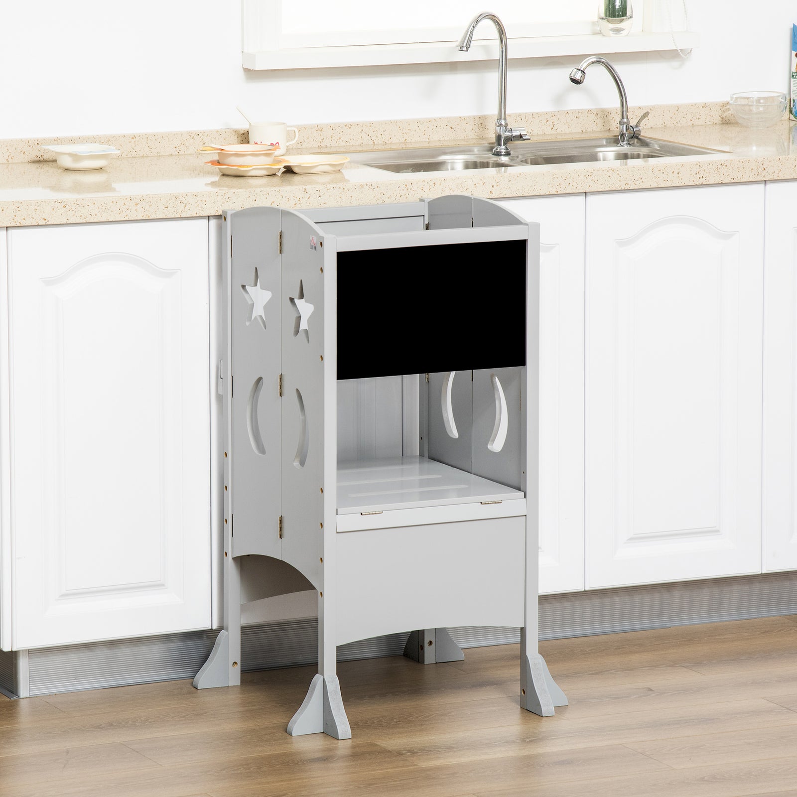 Kids Step Stool Toddler Kitchen Stool With Blackboard Lockable Handrail | Grey