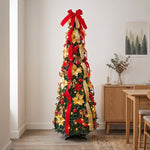 Breeins 180cm Pre-lit Decorated Christmas Tree With Red Bow, Ribbons & Baubles