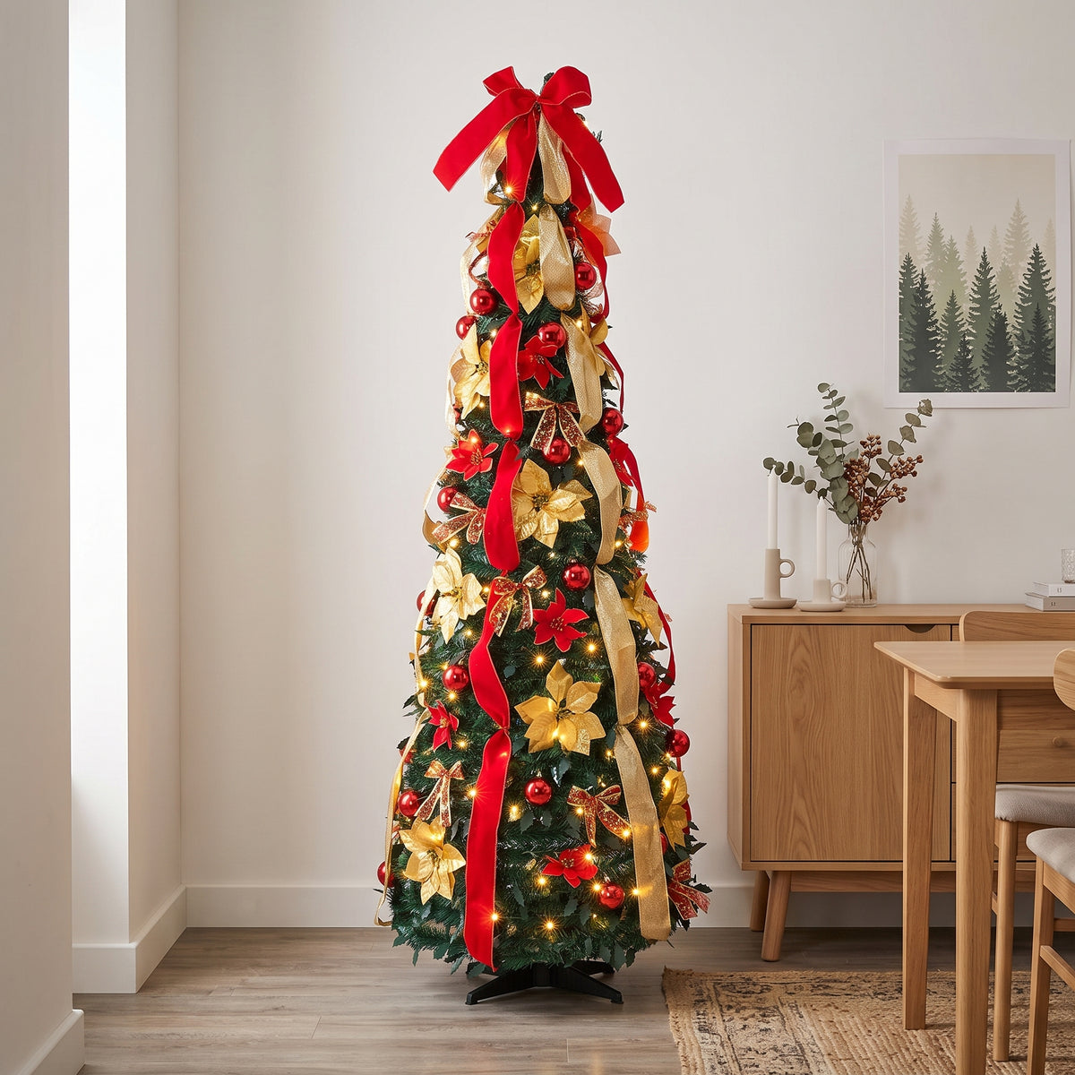 Breeins 180cm Pre-lit Decorated Christmas Tree With Red Bow, Ribbons & Baubles