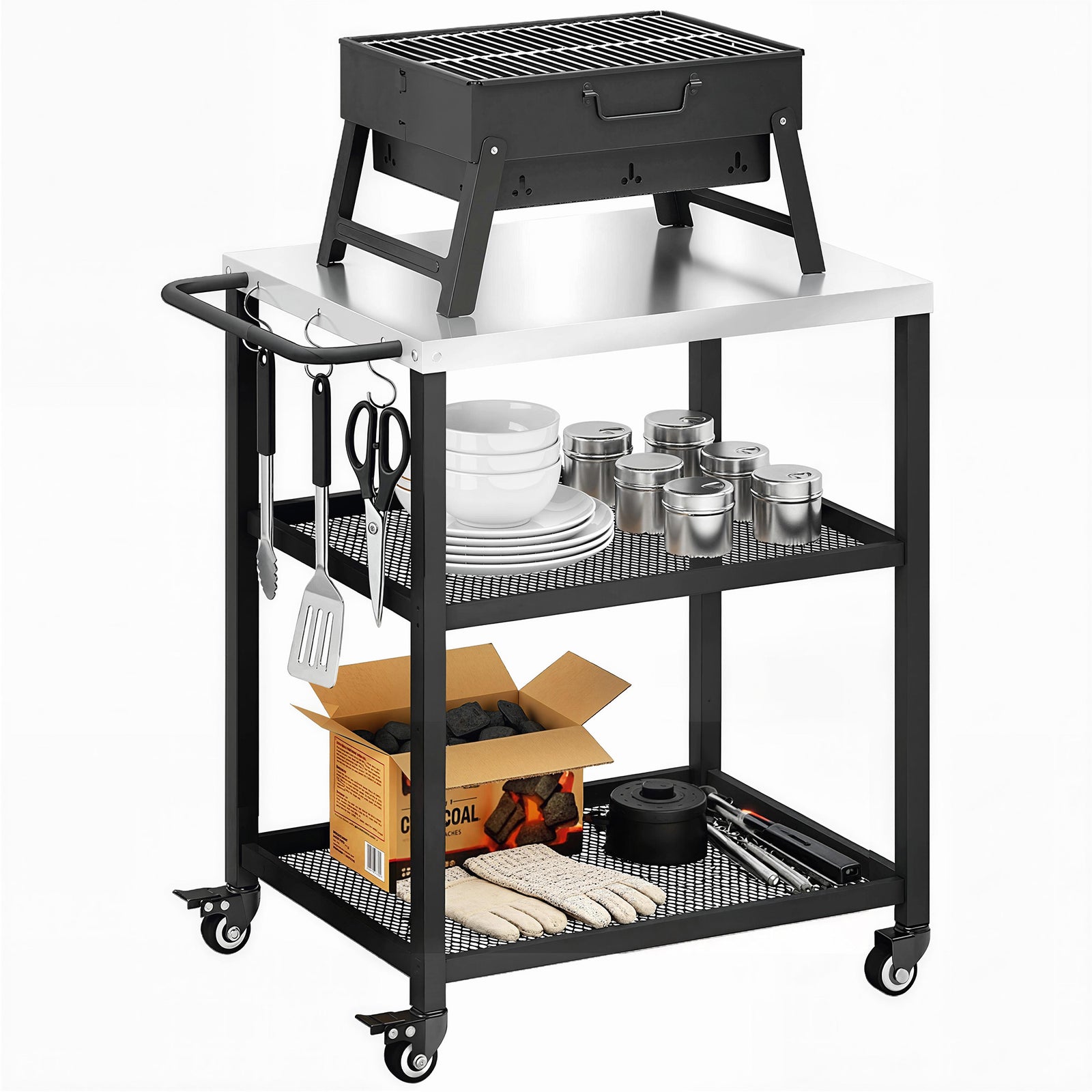 Outsunny Outdoor Grill Cart, Pizza Oven Stand With Adjustable Shelf, Hooks
