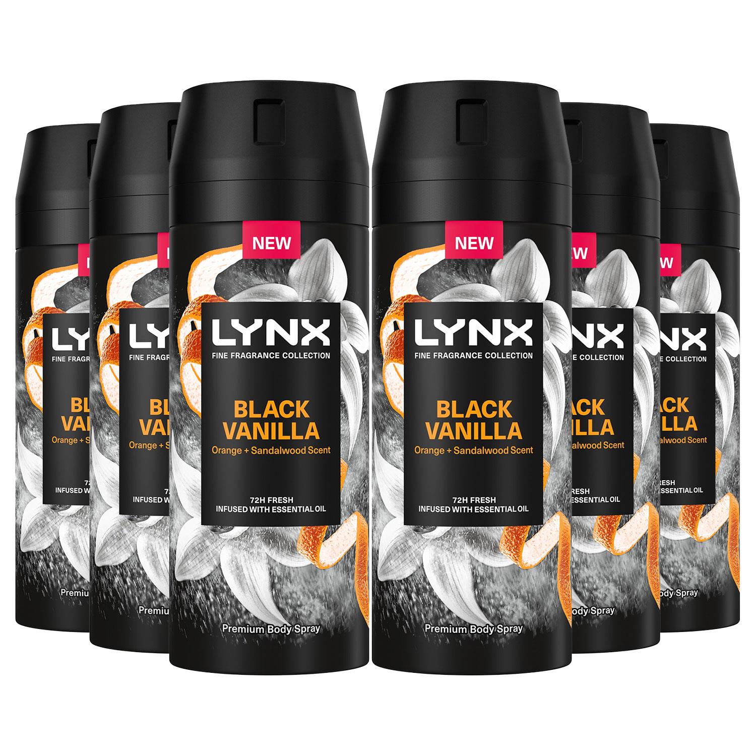 Lynx Fine Fragrance Collection Black Vanilla Deodorant Body Spray 150ml, 6 Pack