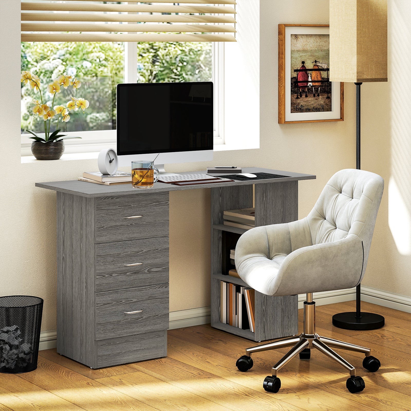 120cm Computer Desk, Study Table With 3 Shelf & Drawers | Grey