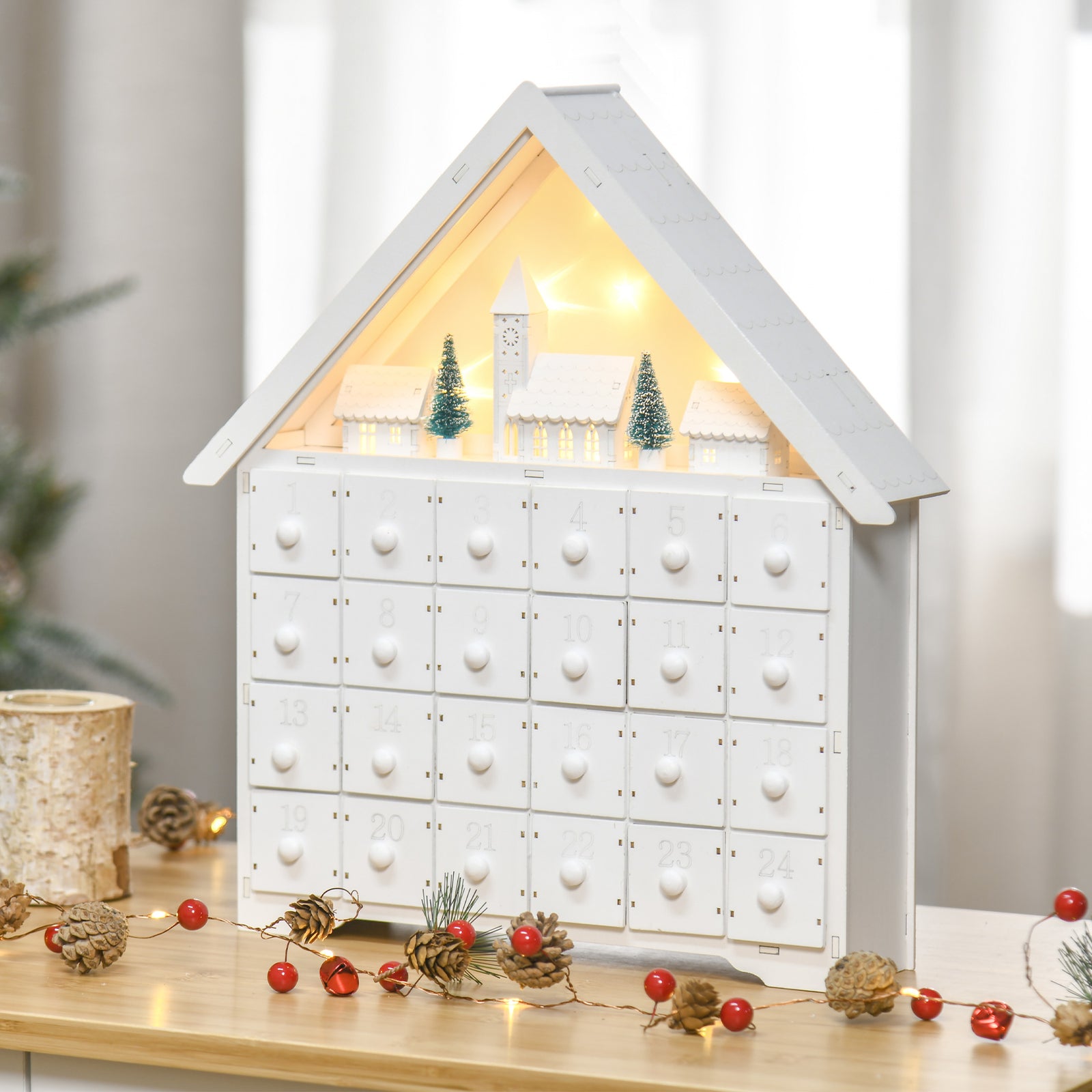 24-drawer Wooden Christmas Advent Calendar, Wooden Light-up Decoration