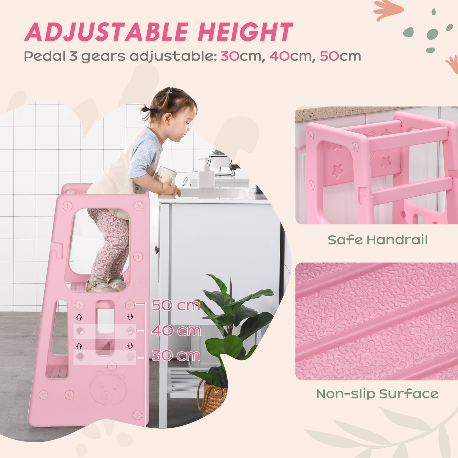 Step Stool, Adjustable Standing Platform, Toddler Kitchen Stool | Pink