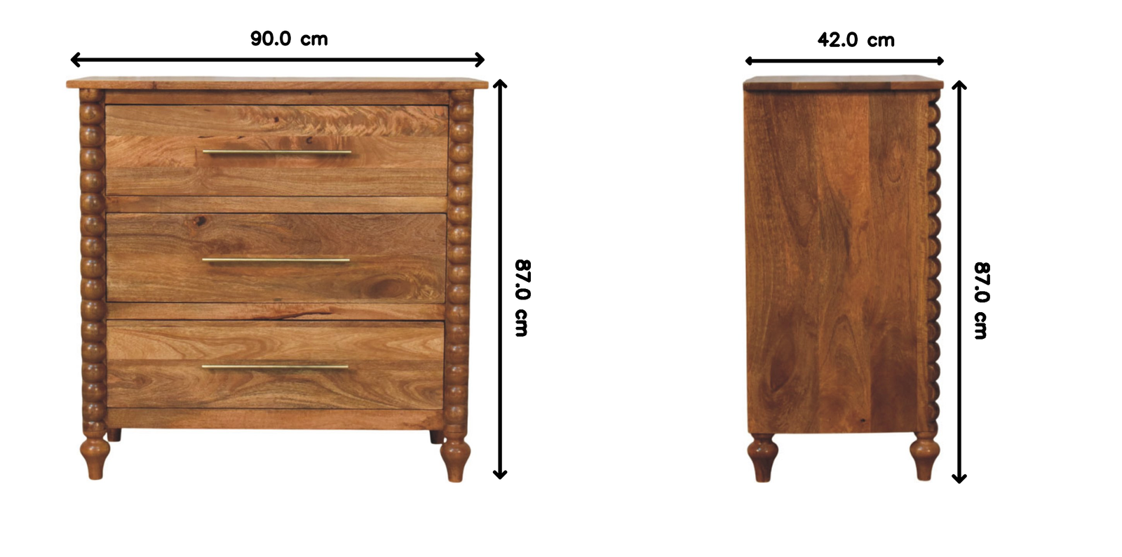 Spindle 3-drawer Chest – Solid Wood, Light Brown Finish