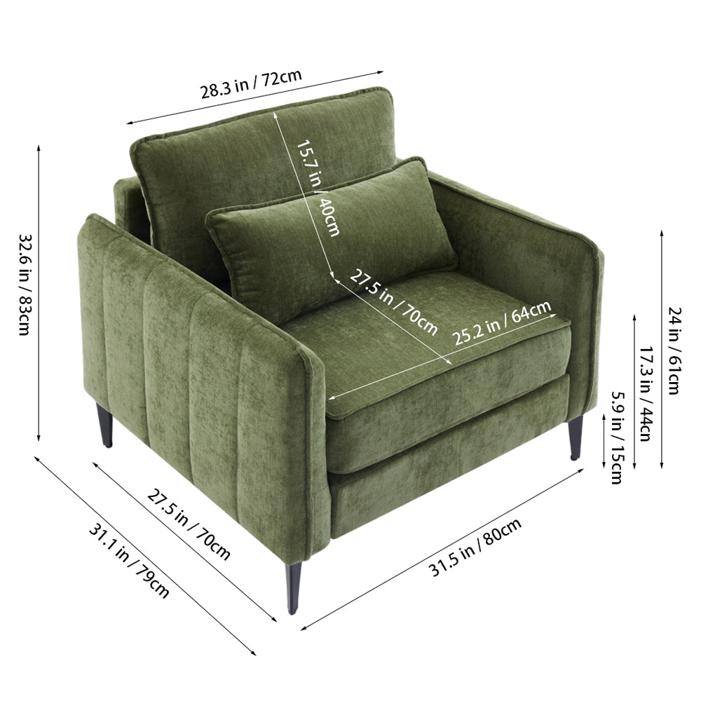 Modern Chenille Upholstered Armchair – Green Single Sofa With Cushions & Sturdy Legs