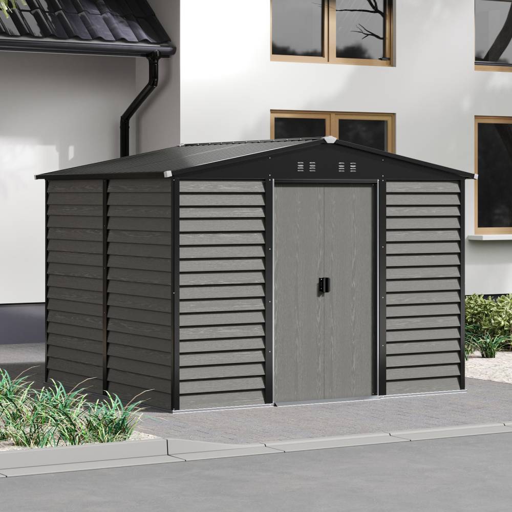 10 X 8ft Metal Storage Shed With Foundation, Double Sliding Doors & Vents, Weatherproof Outdoor Tool Shed For Garden Or Backyard
