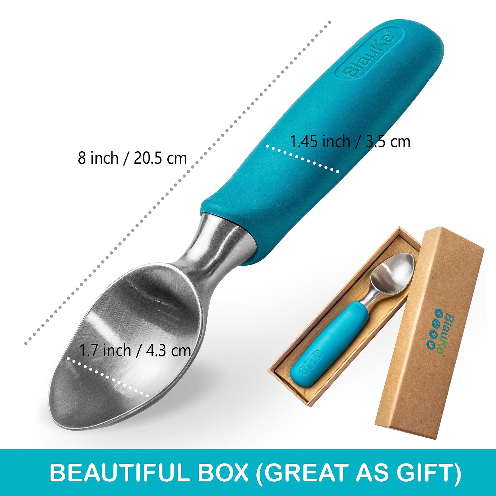 BlauKe Stainless Steel Ice Cream Scoop - Professional Ice Cream Scooper With Comfortable Non-slip Rubber Grip - Dishwasher Safe