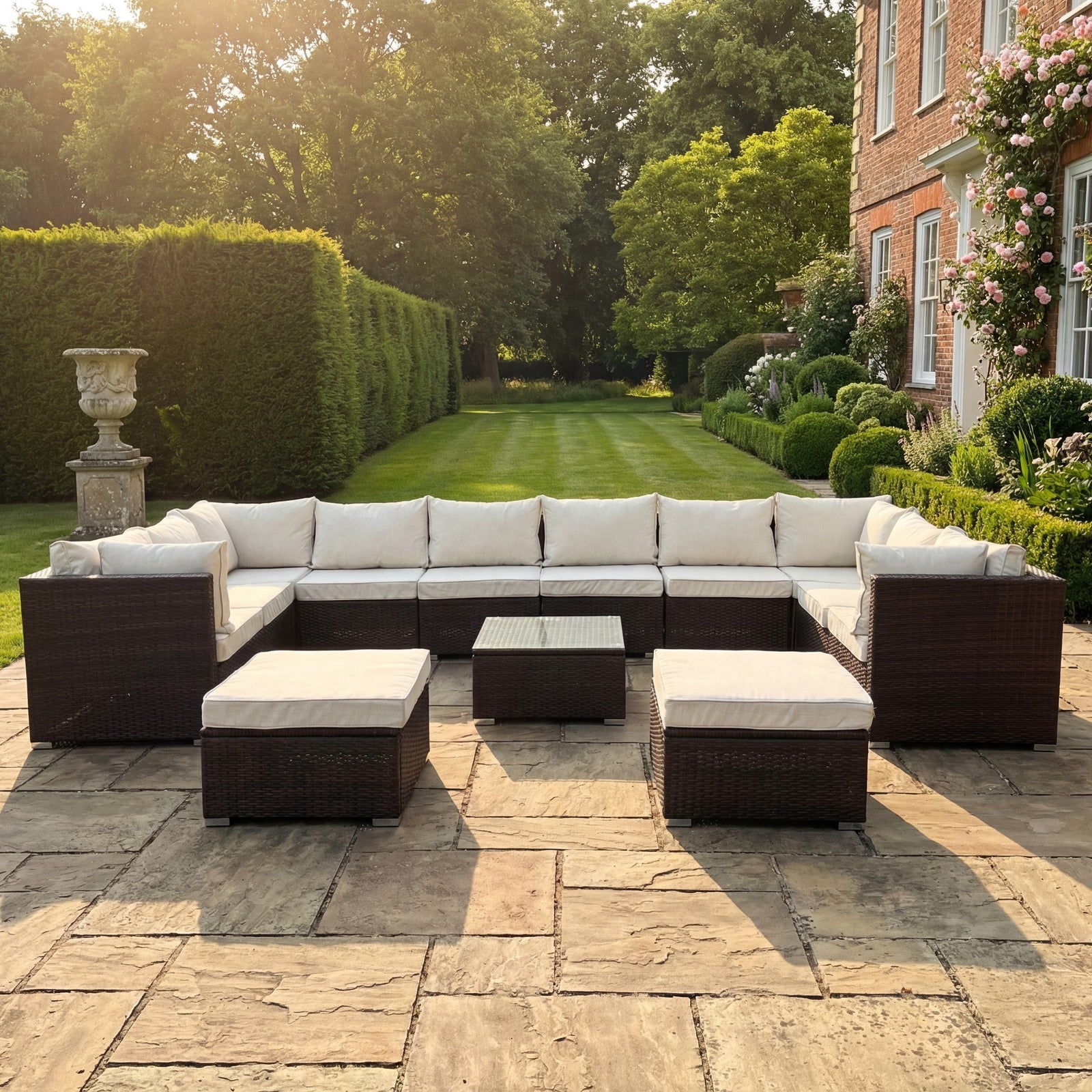 Oliena 12 Seat Modular Rattan Large U-shape Garden Furniture | Cream & Brown