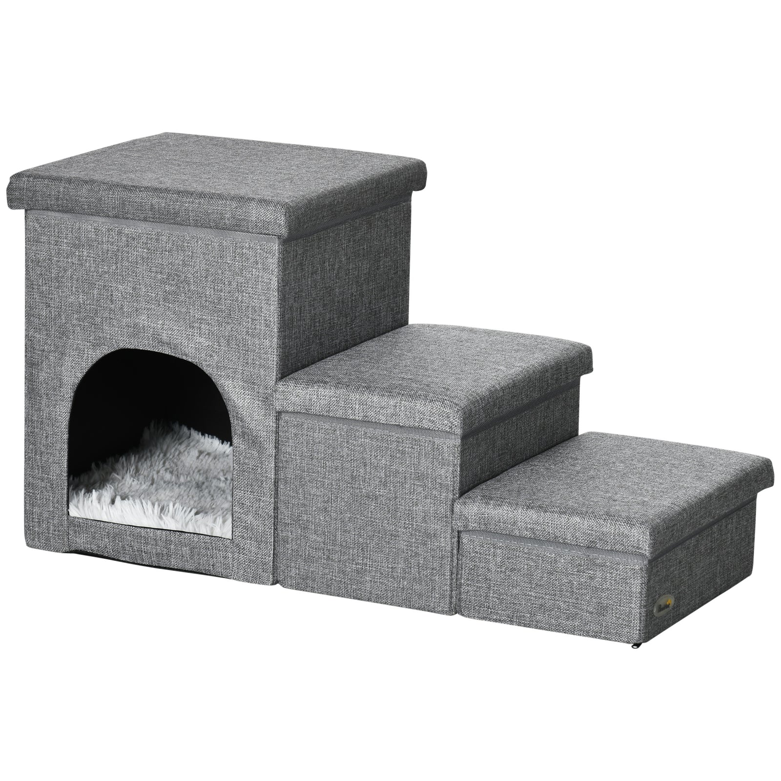 3 Step Dog Steps For Bed W/ Cat House Storage Boxes For Sofa Grey