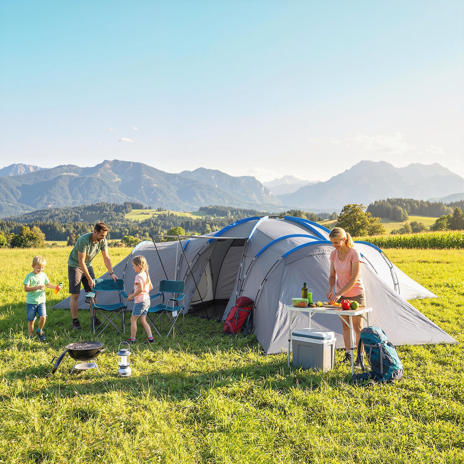 6-9 Man Large Tunnel Tent With 3 Bedrooms, Stand-up Camping Tent | Light Grey