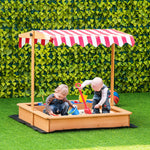 Kids Wooden Sandbox Sand Pit Height Adjustable With Canopy Basins