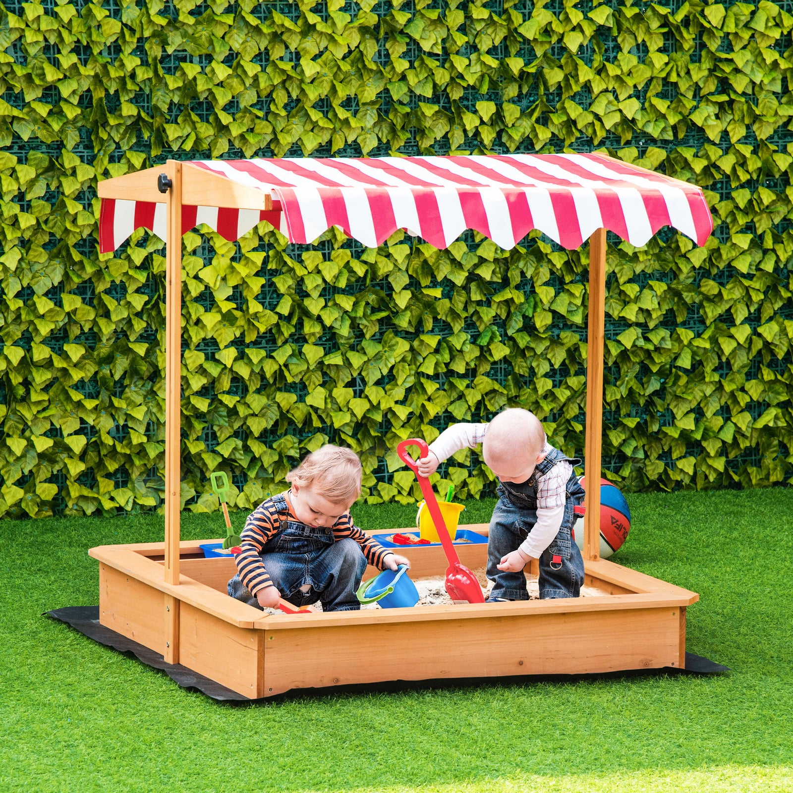 Kids Wooden Sandbox Sand Pit Height Adjustable With Canopy Basins