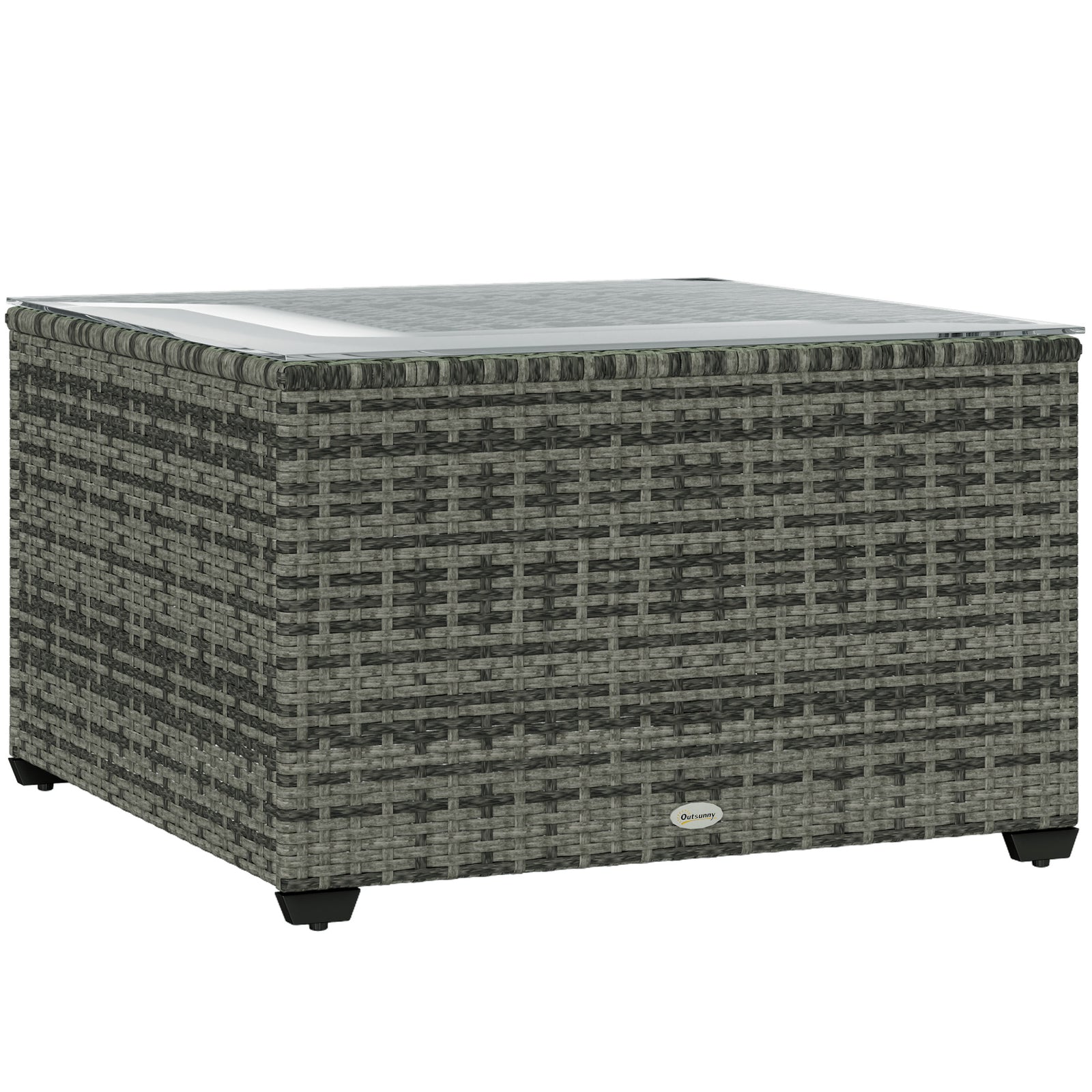 Outdoor Coffee Table W/ Glass Top, Rattan Side Table | Light Grey