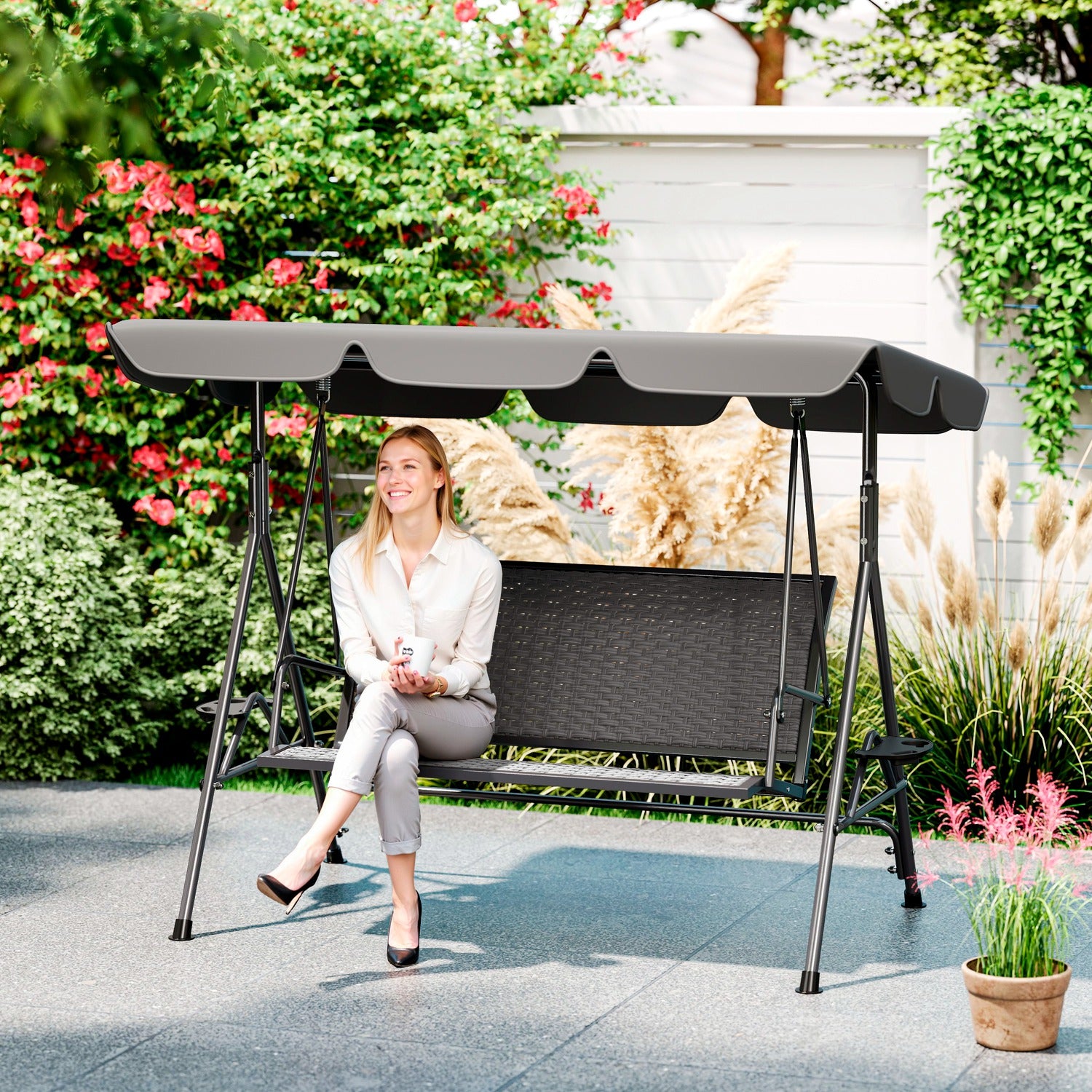 Rattan Swing Seat, Steel Frame, Grey