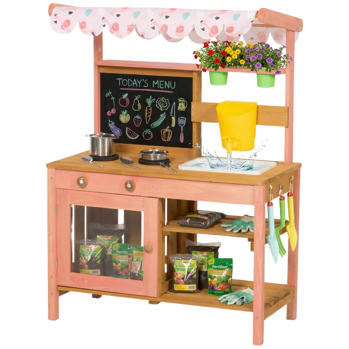 AIYAPLAY Wooden Kids Mud Kitchen With Canopy, Planter Box, Pink